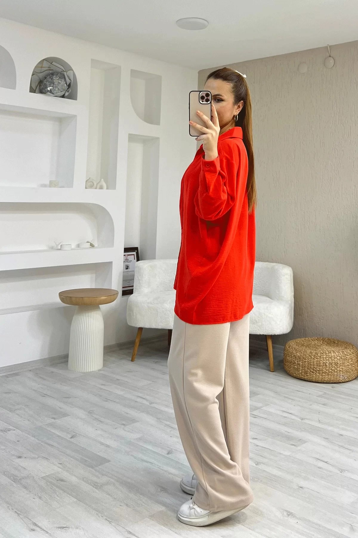 Ayrobin Kumaş Tek Cep Oversize Kırmızı Gömlek