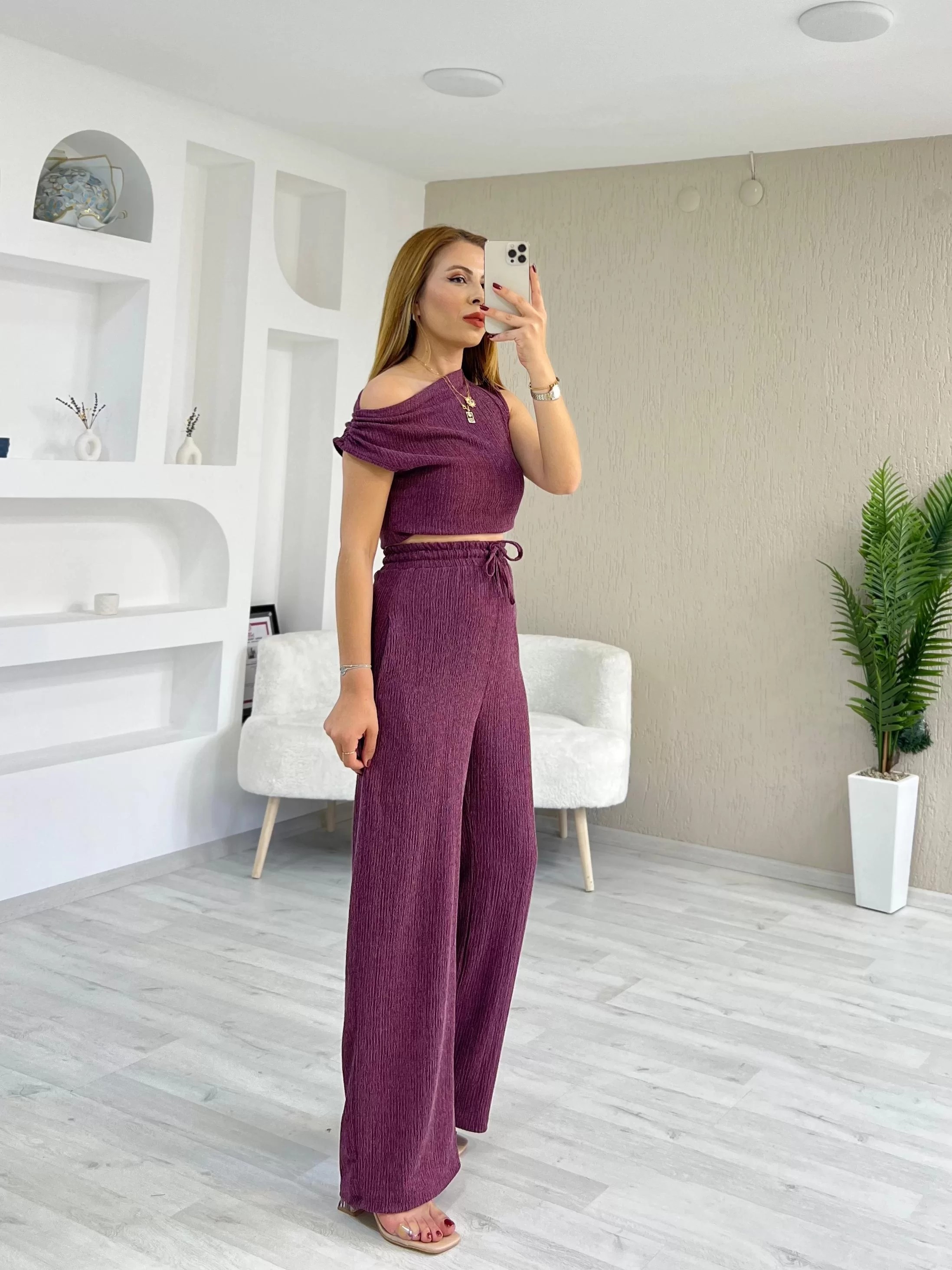 Büzgülü Omuz Detay Bürümcük Bluz Pantolon Takım Mürdüm