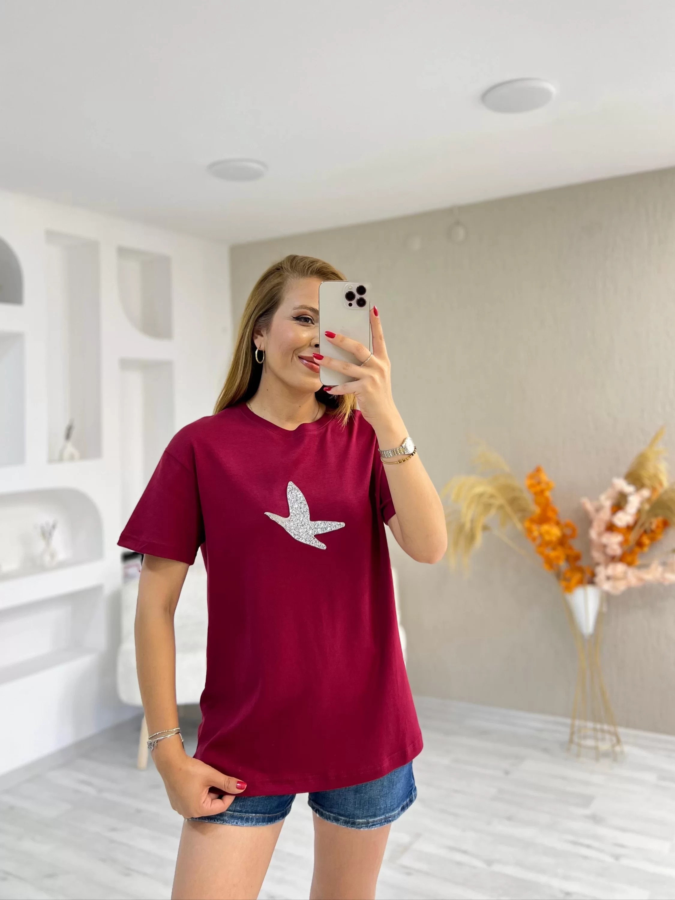 Orjinal Marka Beymen Taş Baskılı Tshirt Bordo