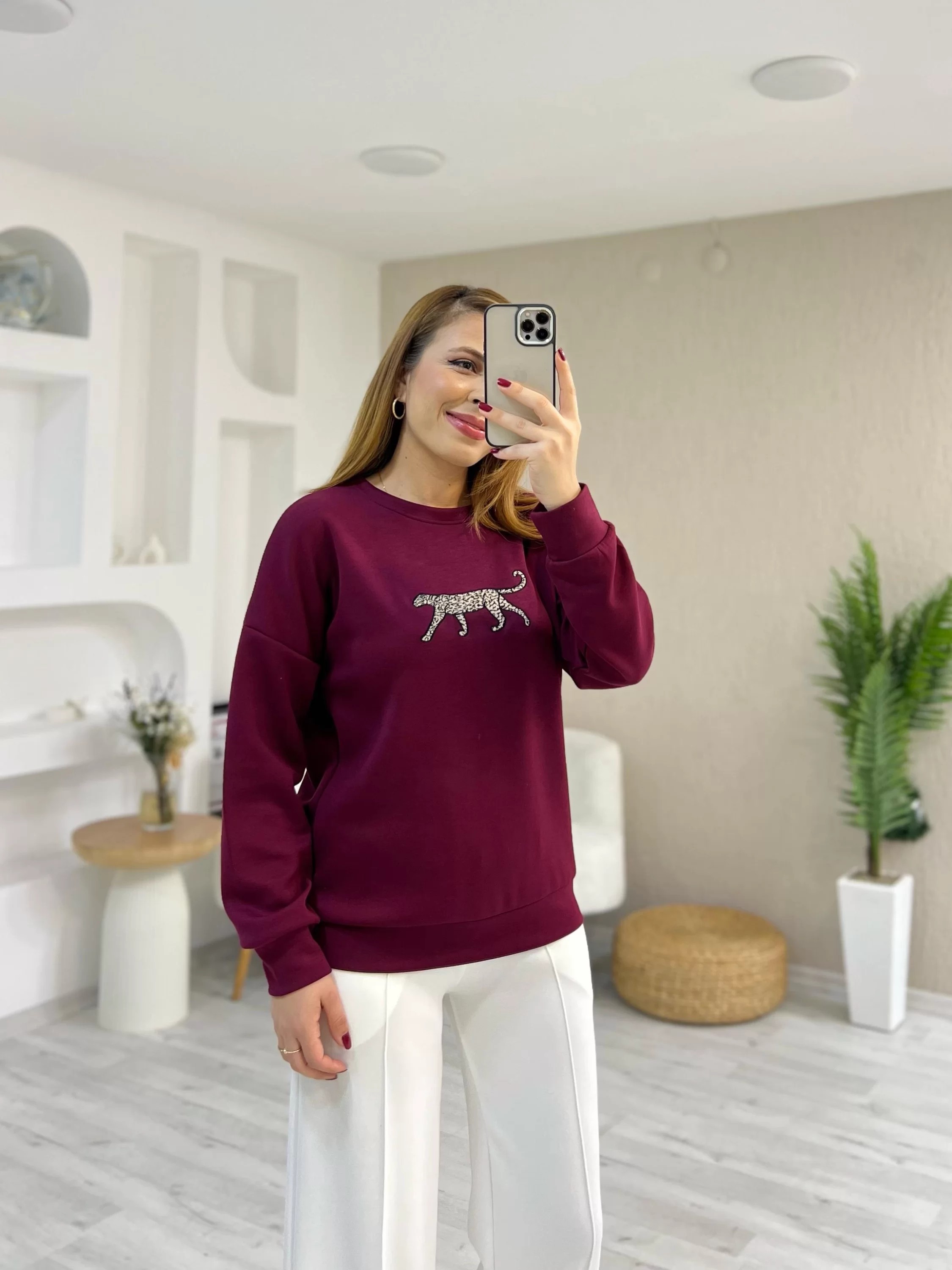 Leopar Detay Baskılı Sweat Bordo