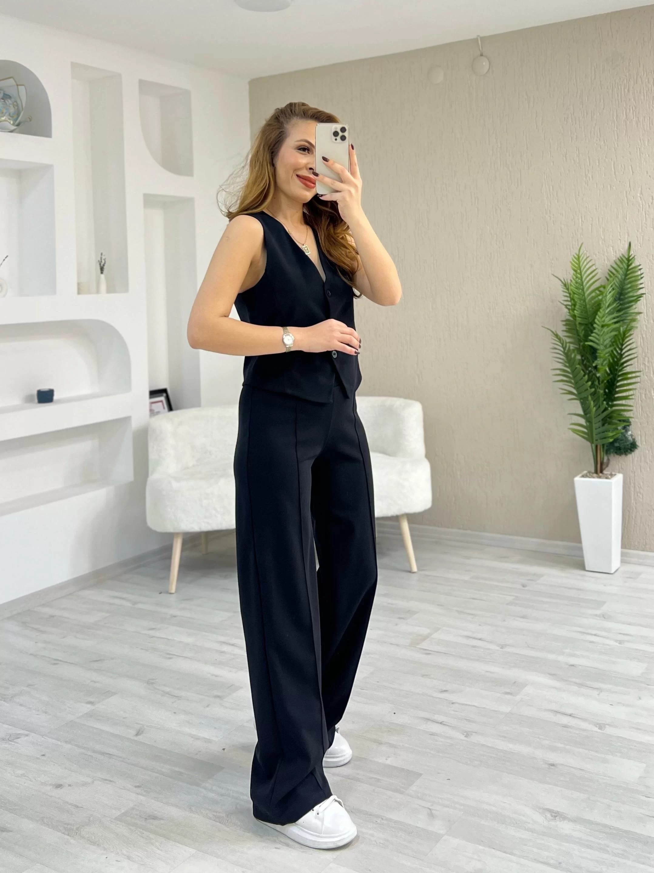 Krep Çımalı Yelek Takım Siyah