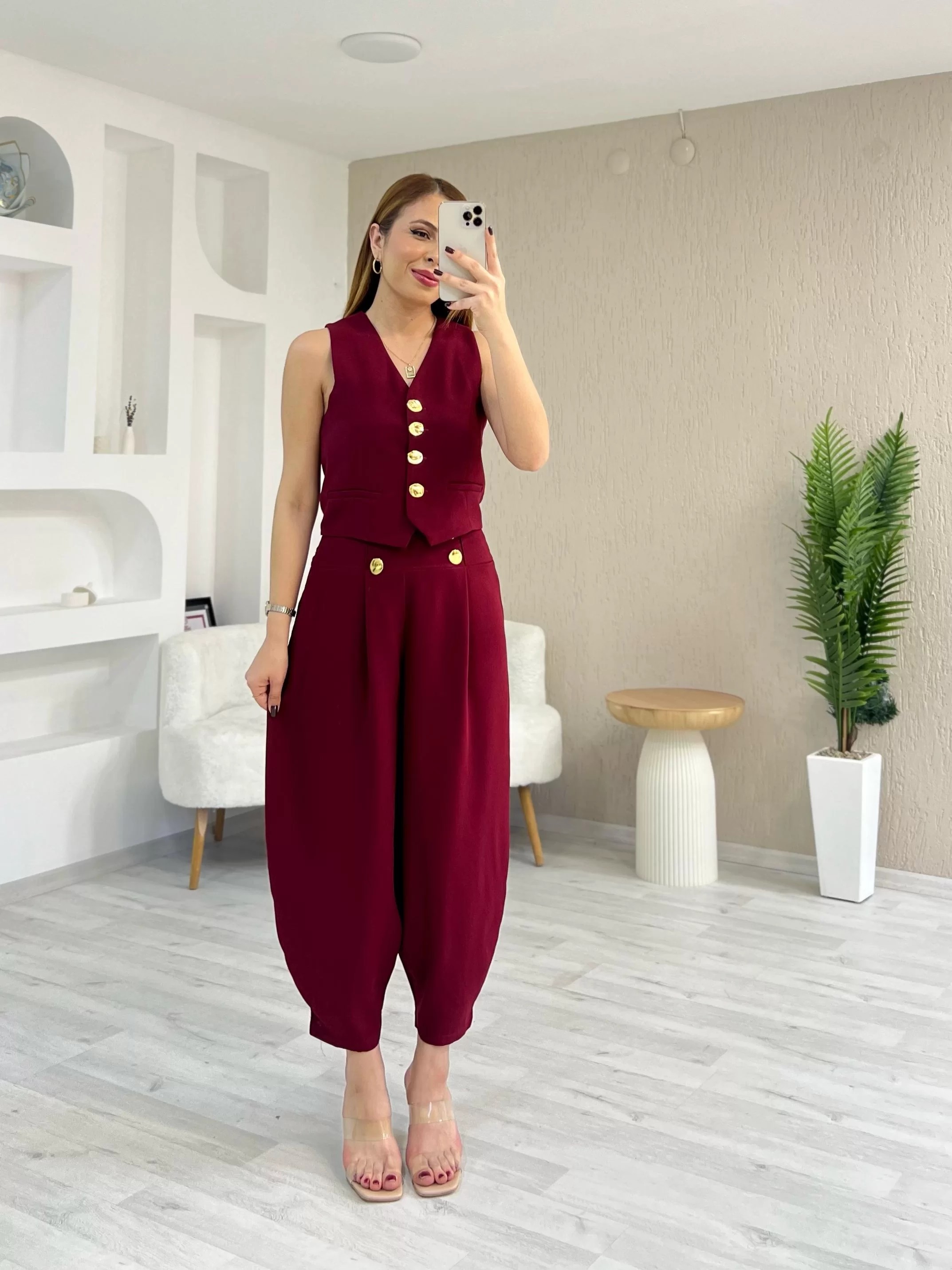 Tasarım Düğmeli Yelek Takım Bordo