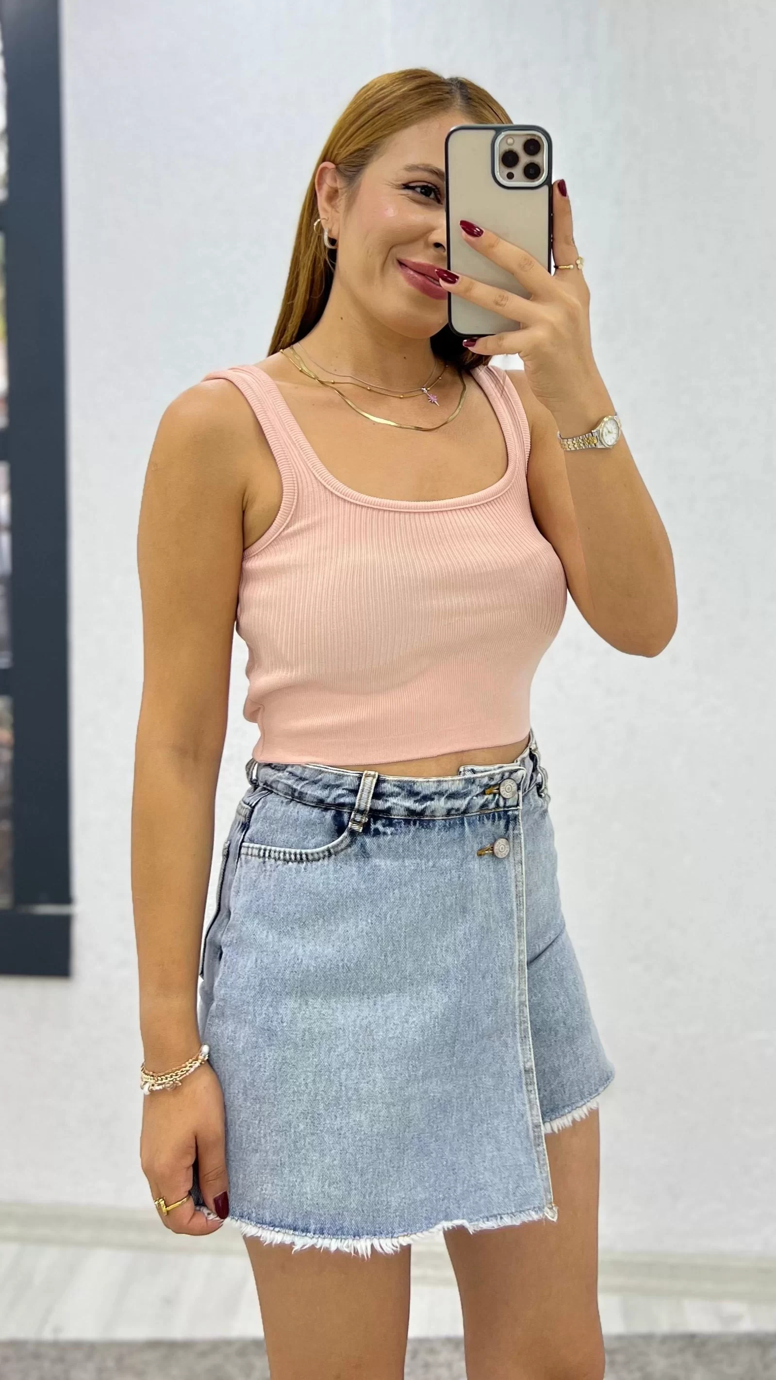 Kalın Askılı Crop Atlet Pudra