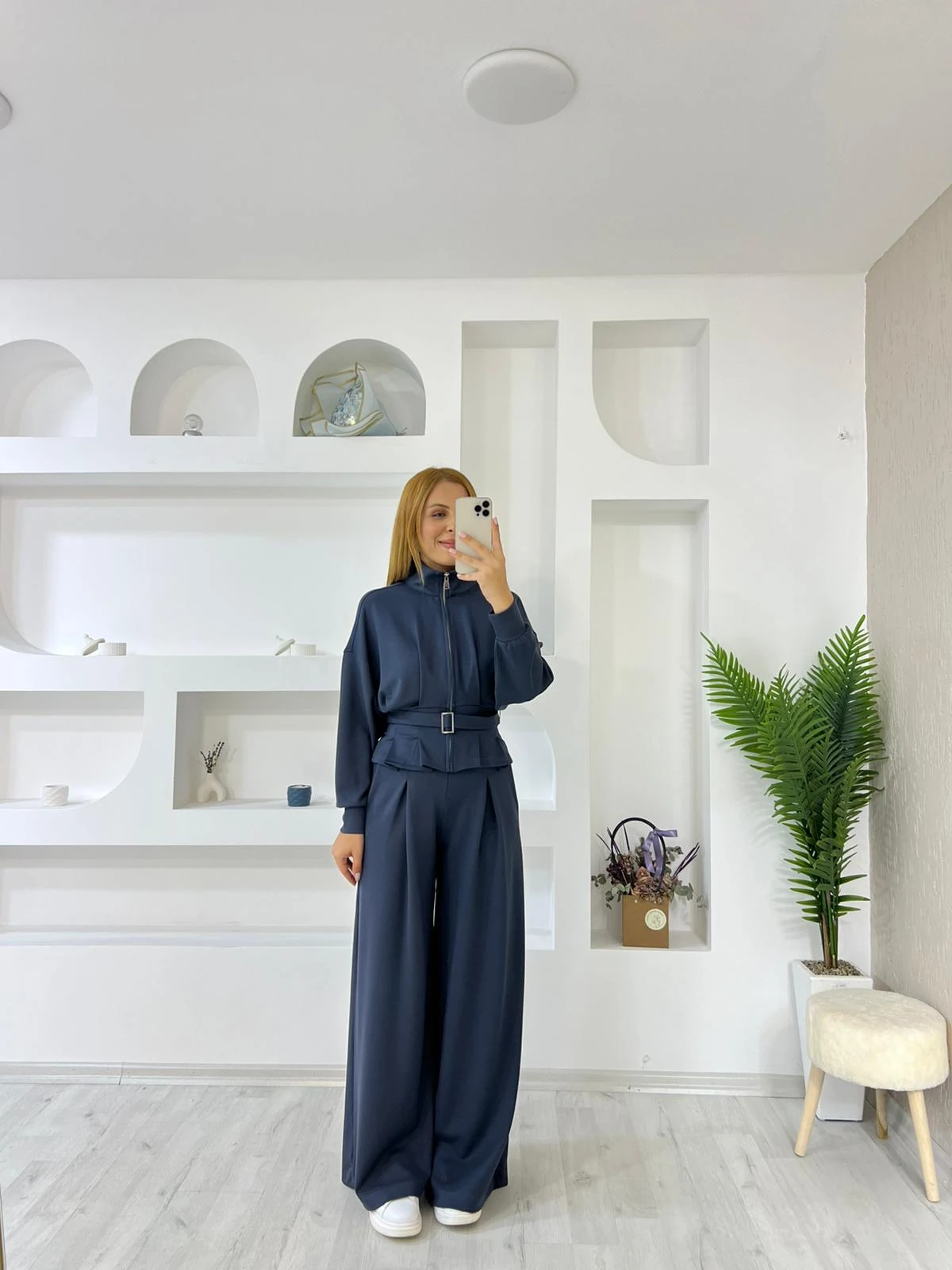 Modal Dik Yaka Pileli Ceket Pantolon Takım