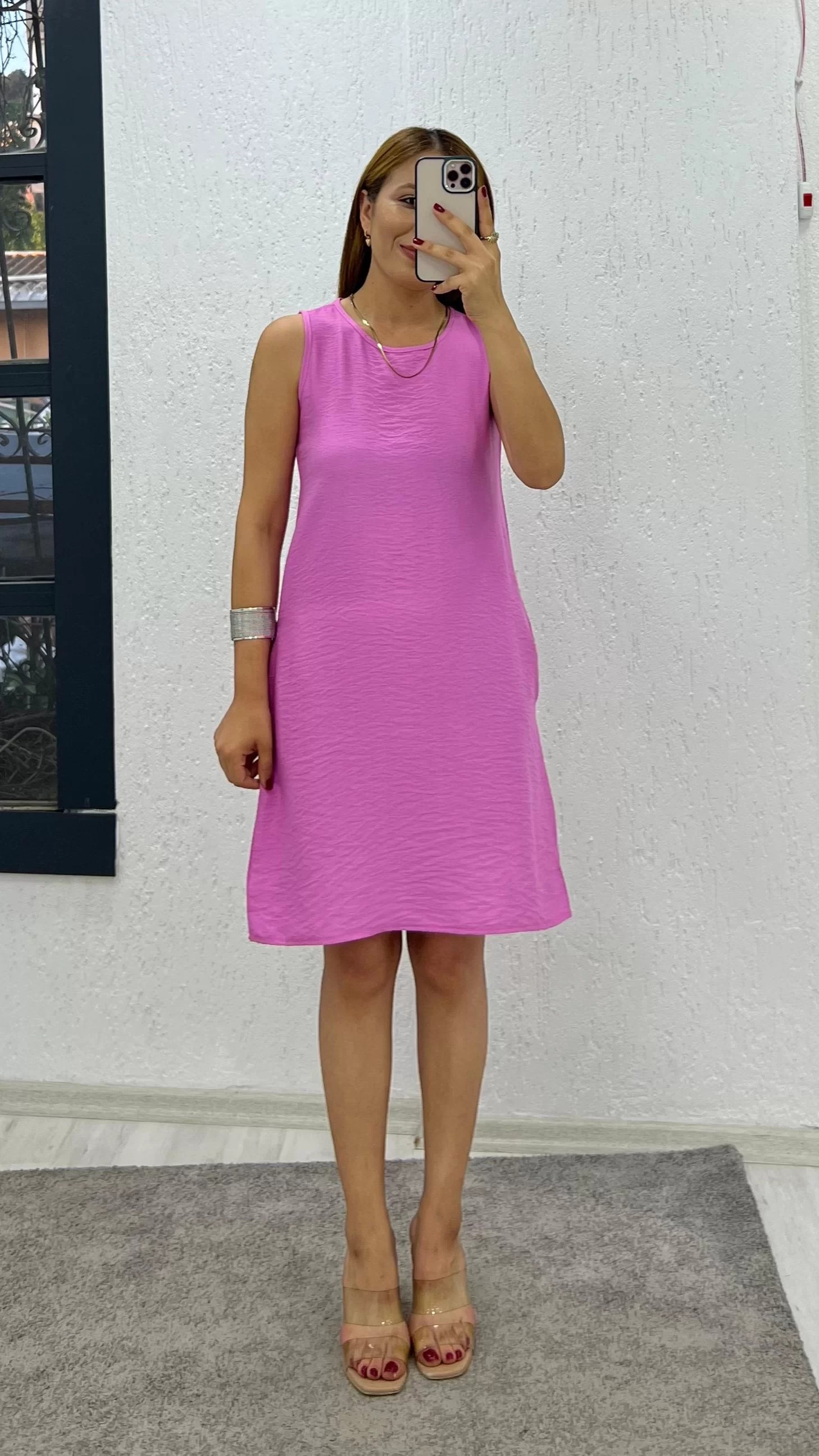 Ayrobin Keten Kumaş Cepli Bisiklet Yaka Elbise Pembe