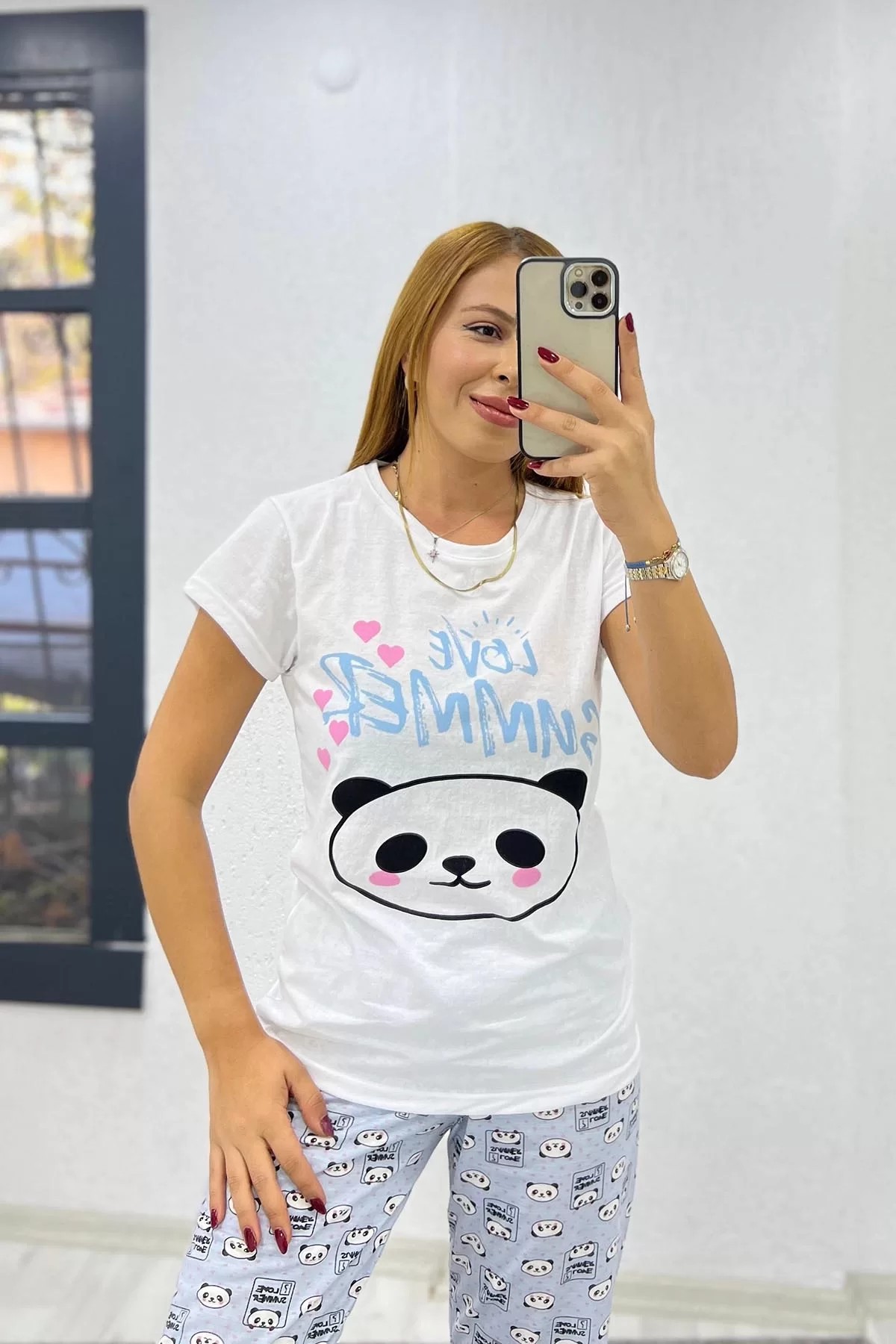 Yarım Kollu Baskılı Pijama Takımı Mavi