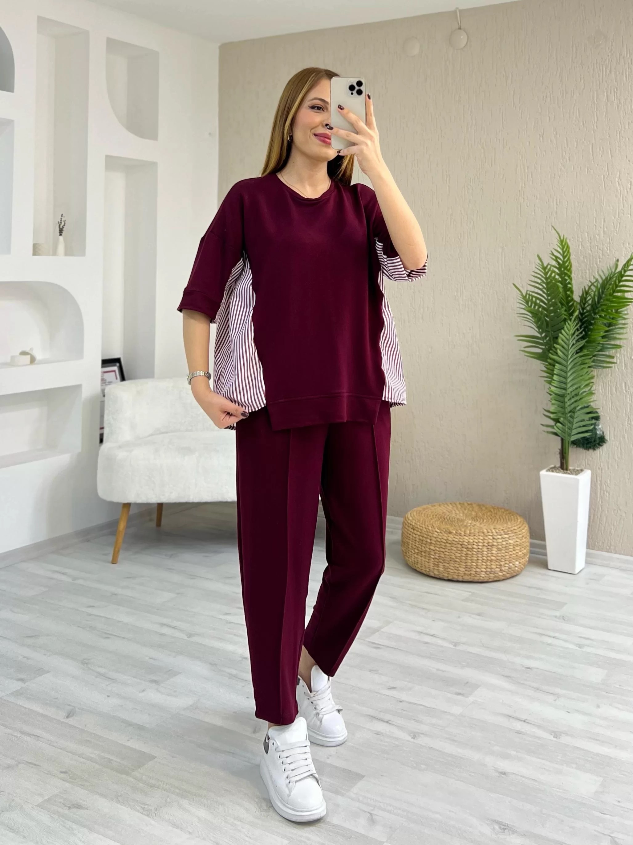 Arkası Çizgili Bordo Takım