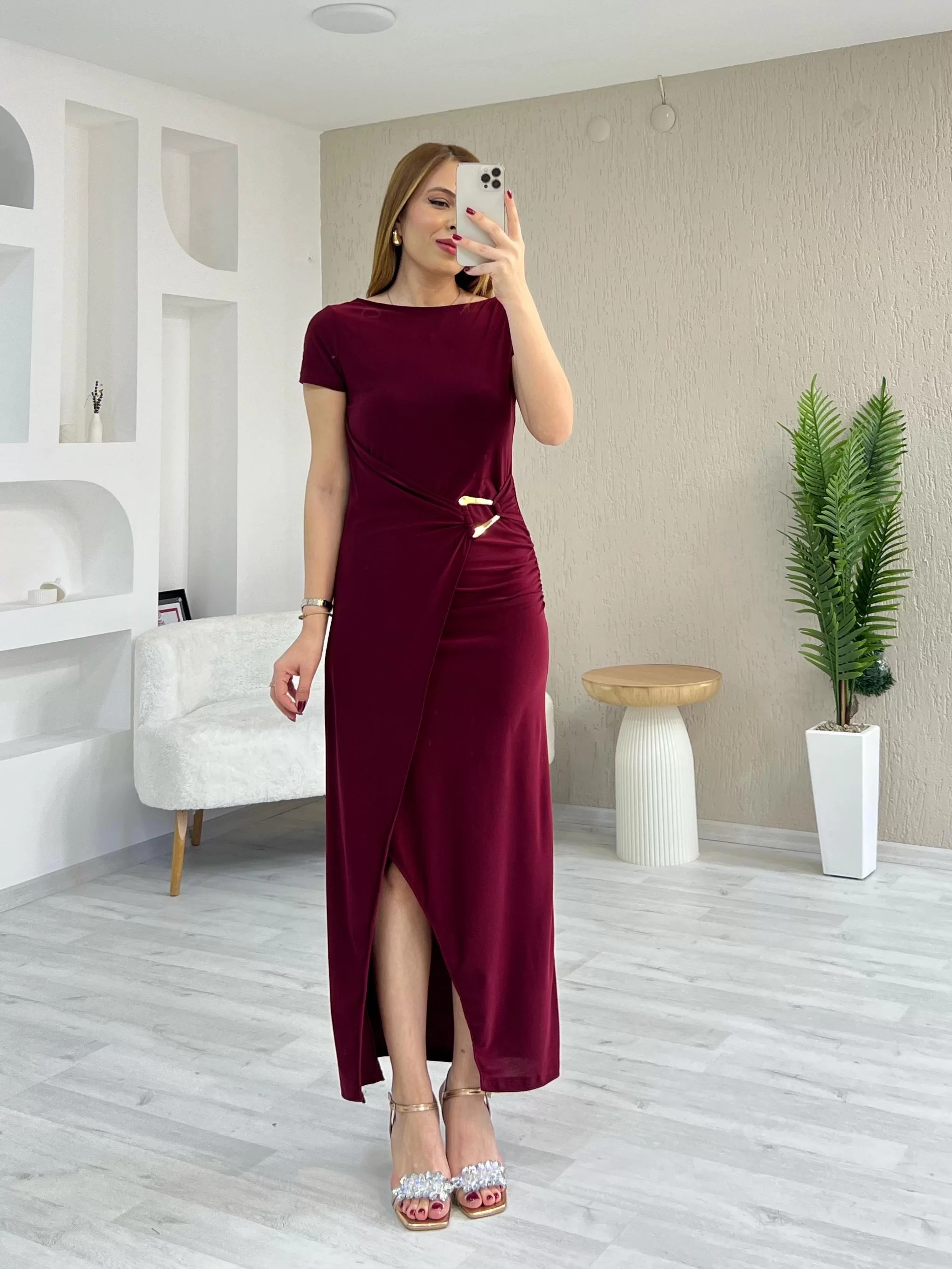 Toka Detay Kruvaze Sandy Elbise Bordo