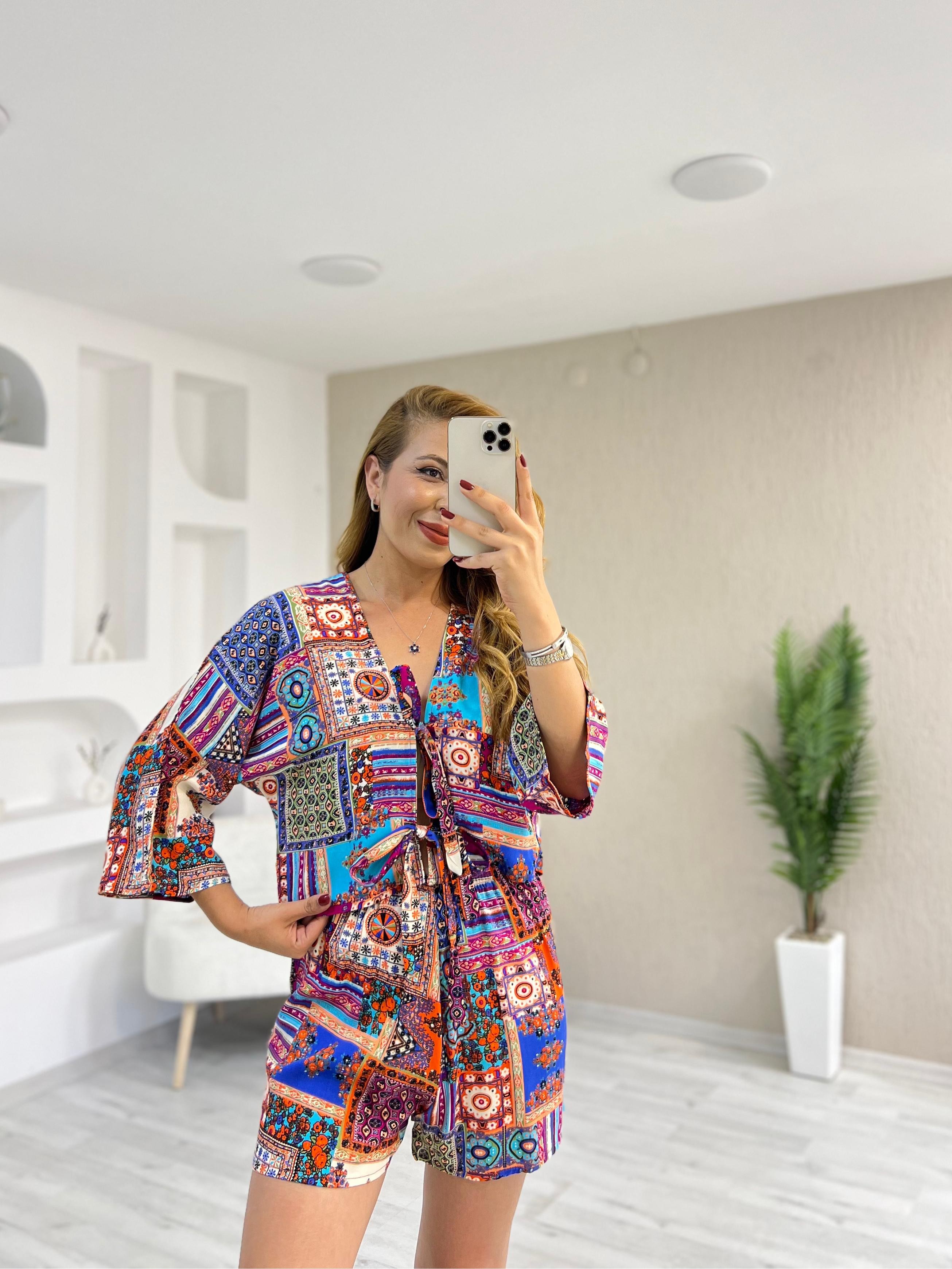 Desenli Kimono Şortlu Takım Mor