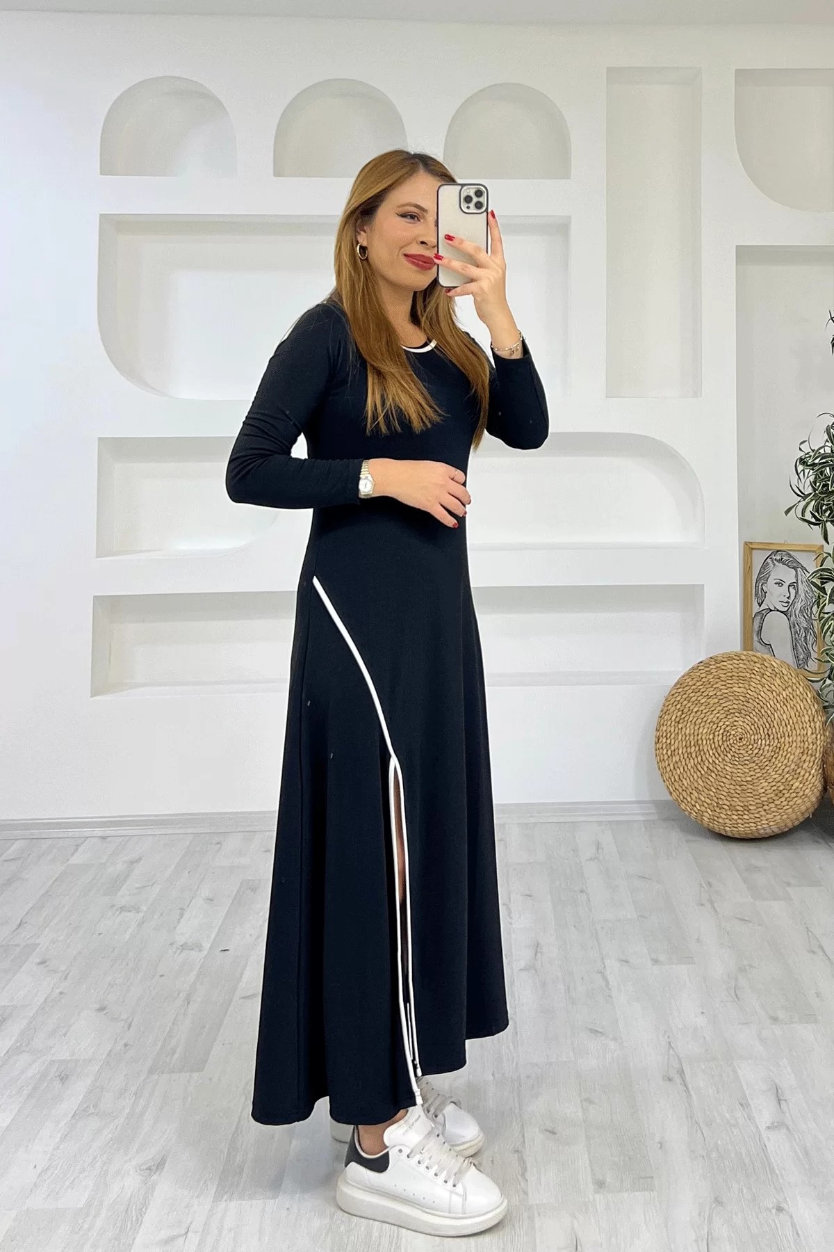 Biye Detay Maxi Siyah Elbise