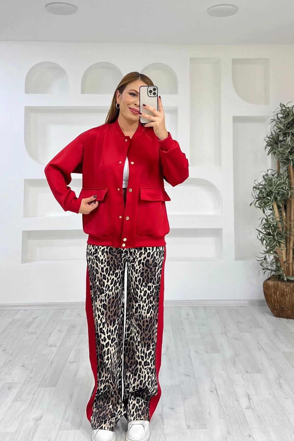 Leopar Desen Bomber Ceketli Kırmızı Takım