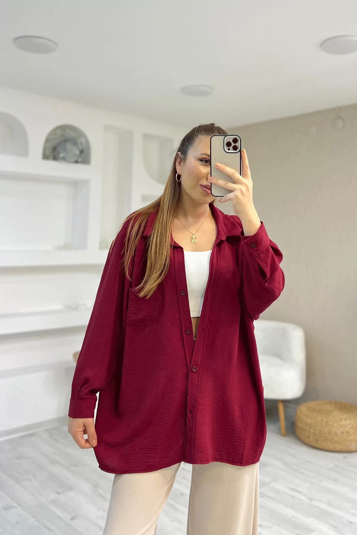 Ayrobin Kumaş Tek Cep Oversize Bordo Gömlek