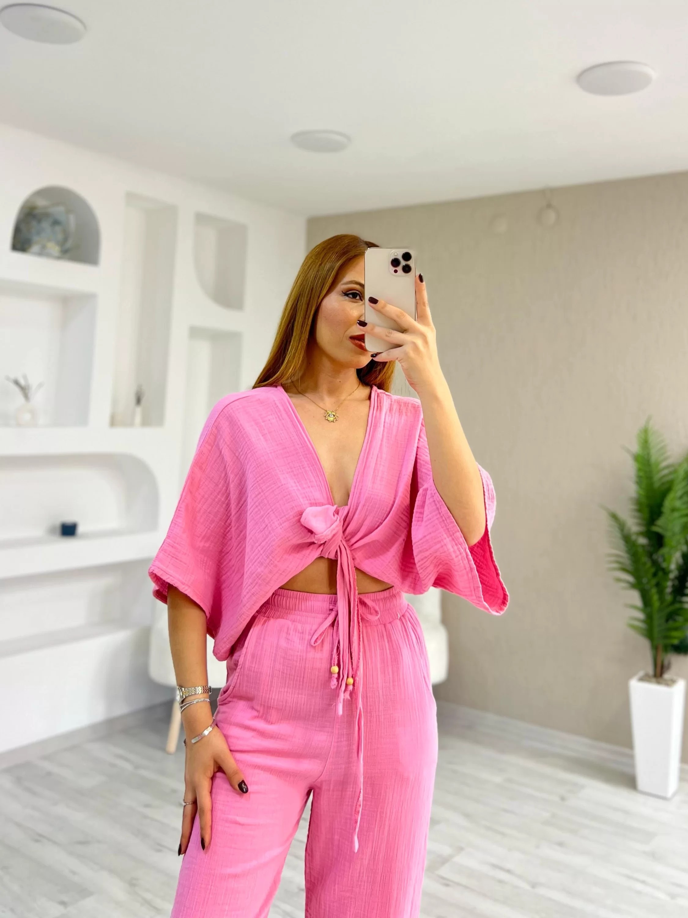Müslin Kumaş Kimono Takım Pembe