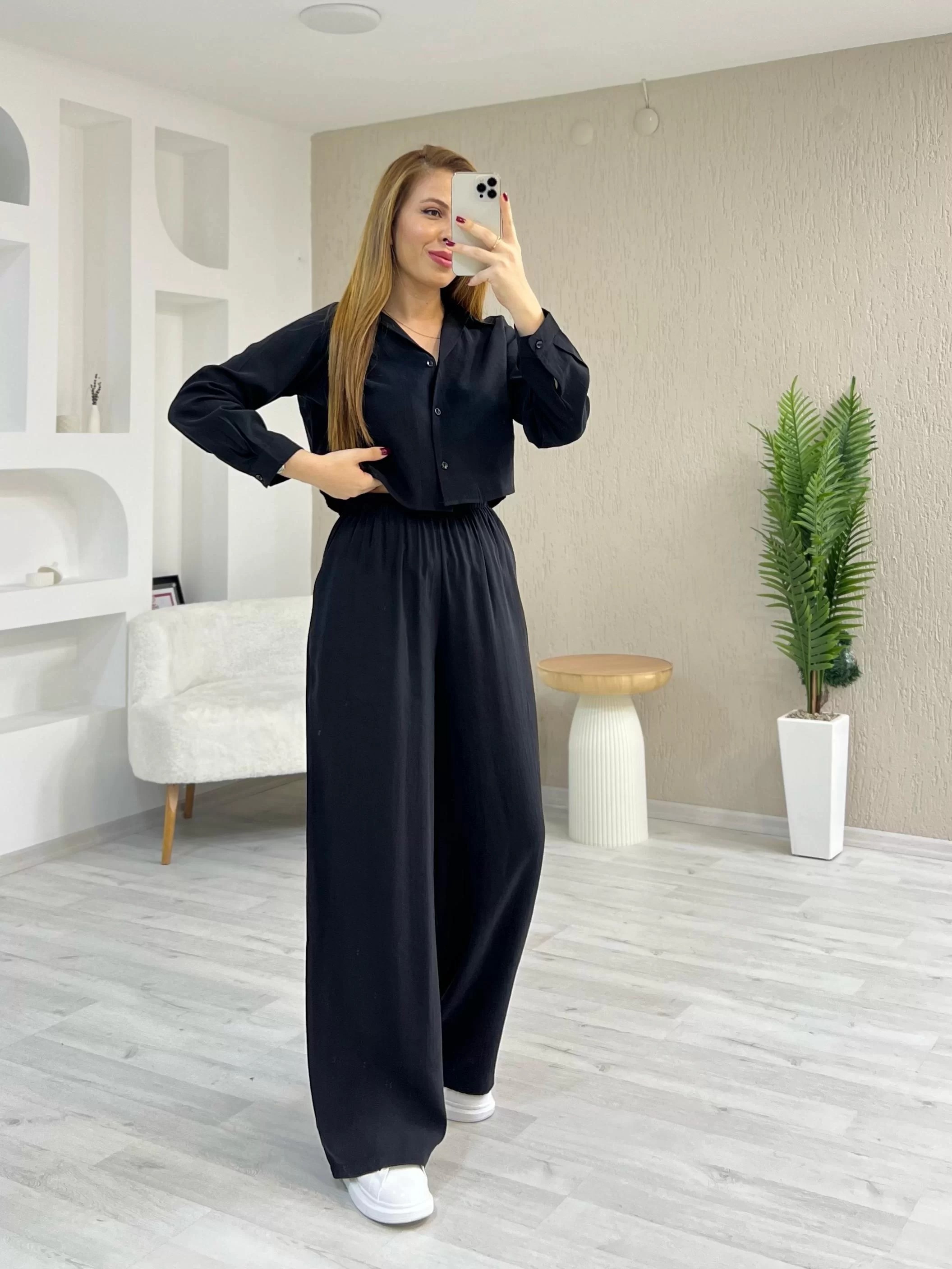 Tensel Kumaş Crop Takım Siyah