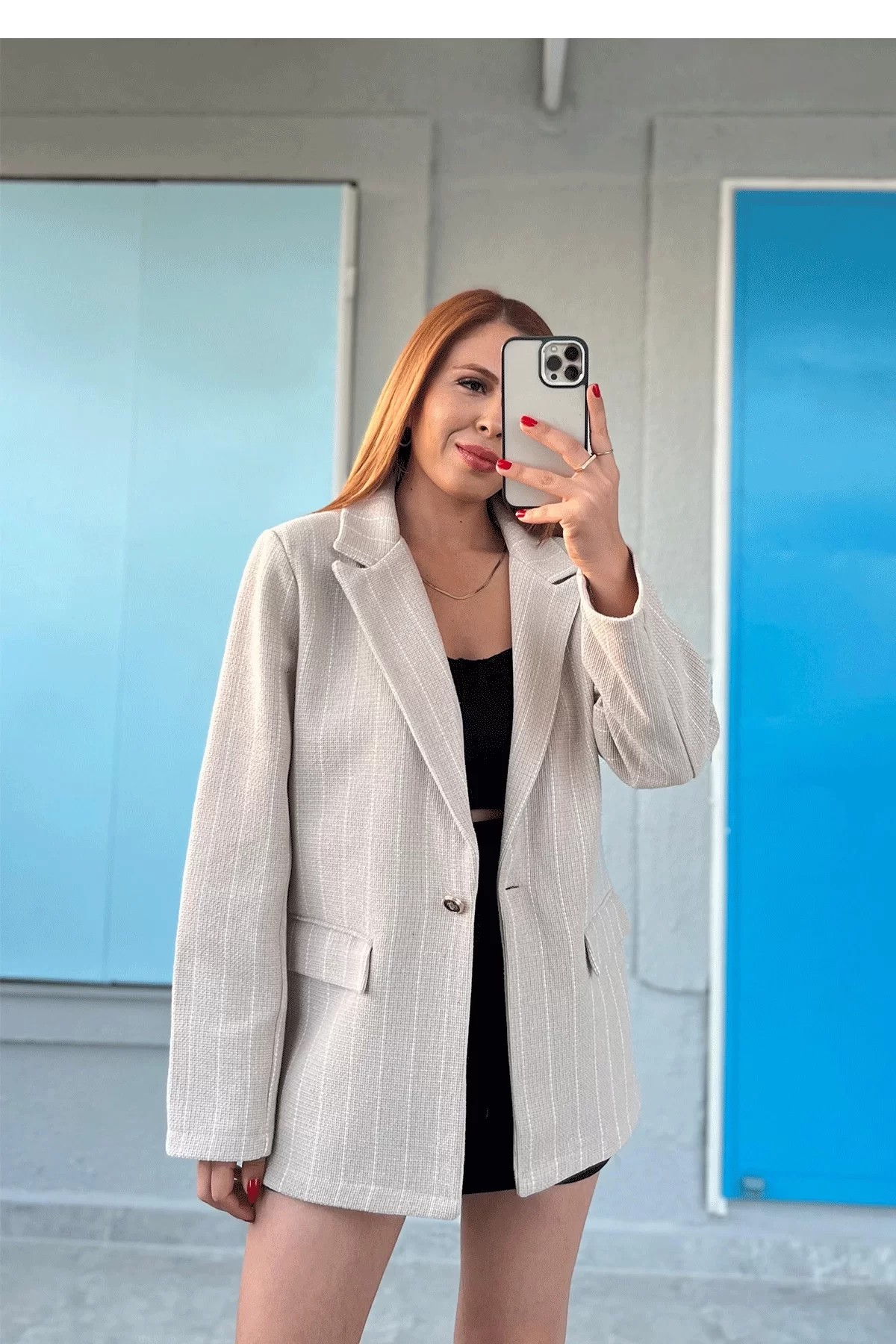 Çizgili Blazer Keten Ekru Ceket