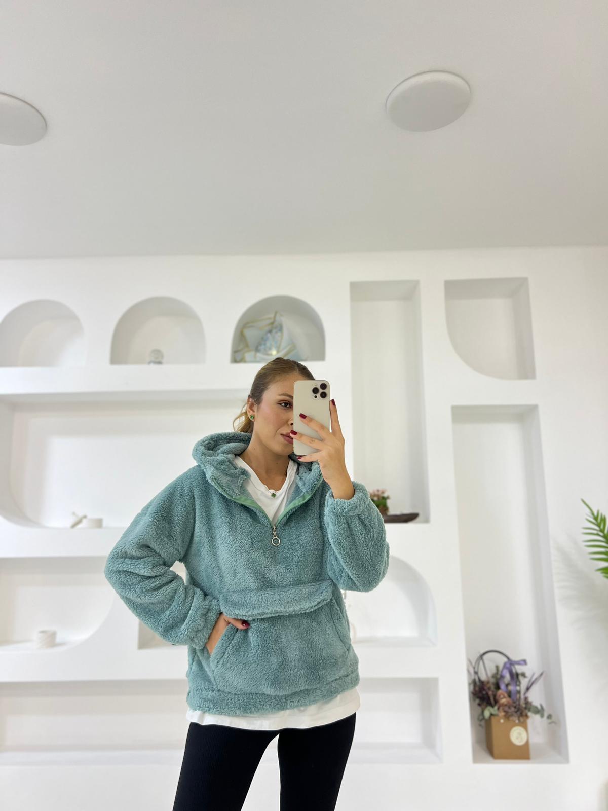 Yarım Fermuarlı Kapşonlu Peluş Sweat - Yeşil