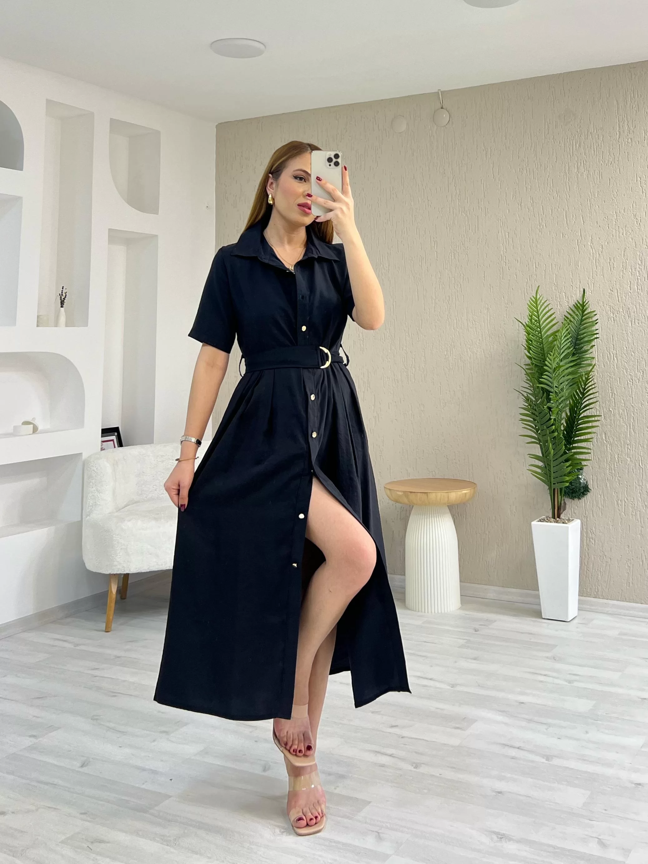 Tensel Kumaş Kemerli Elbise