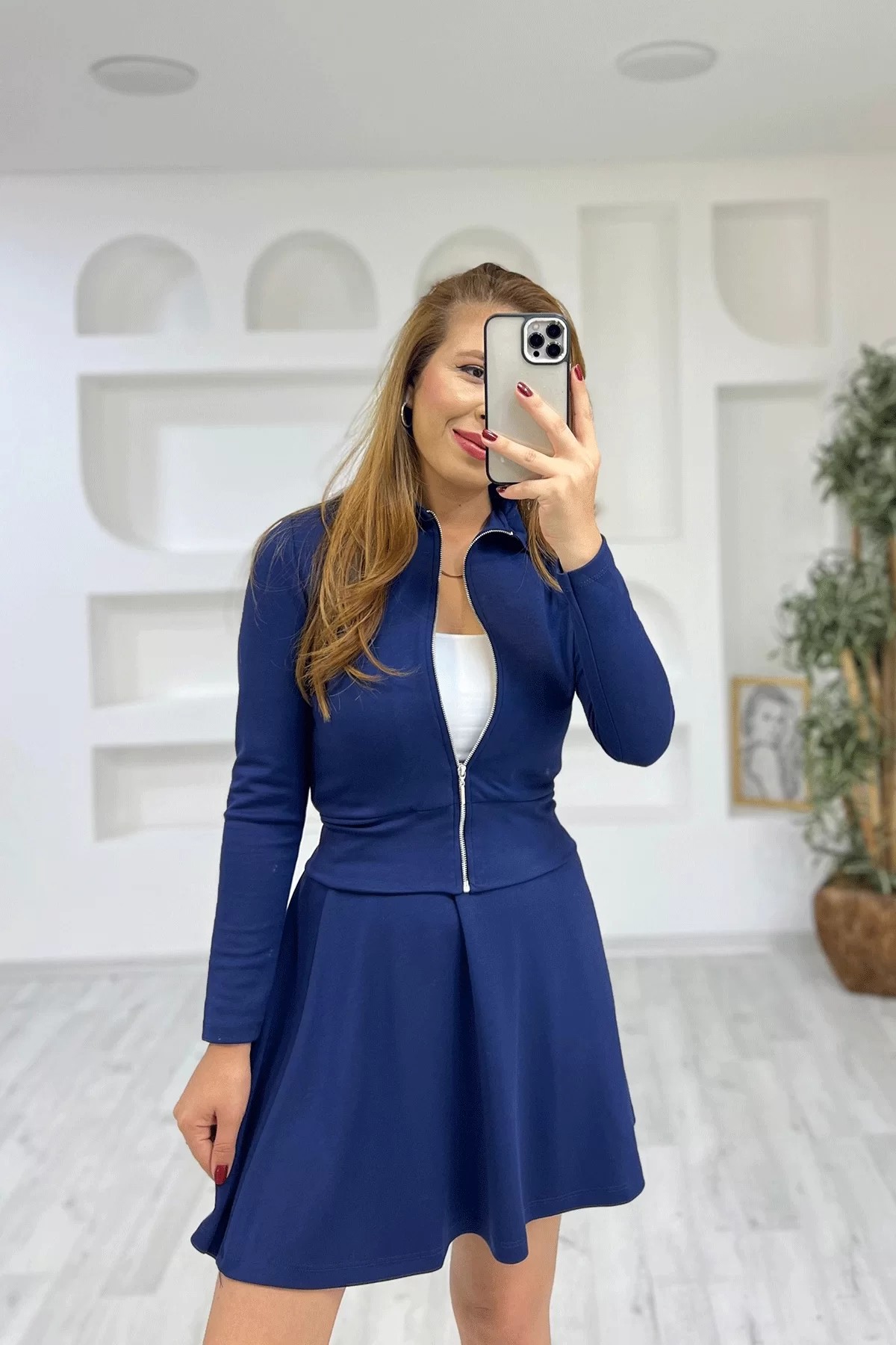 Fermuarlı Etek Ceket Mavi Takım