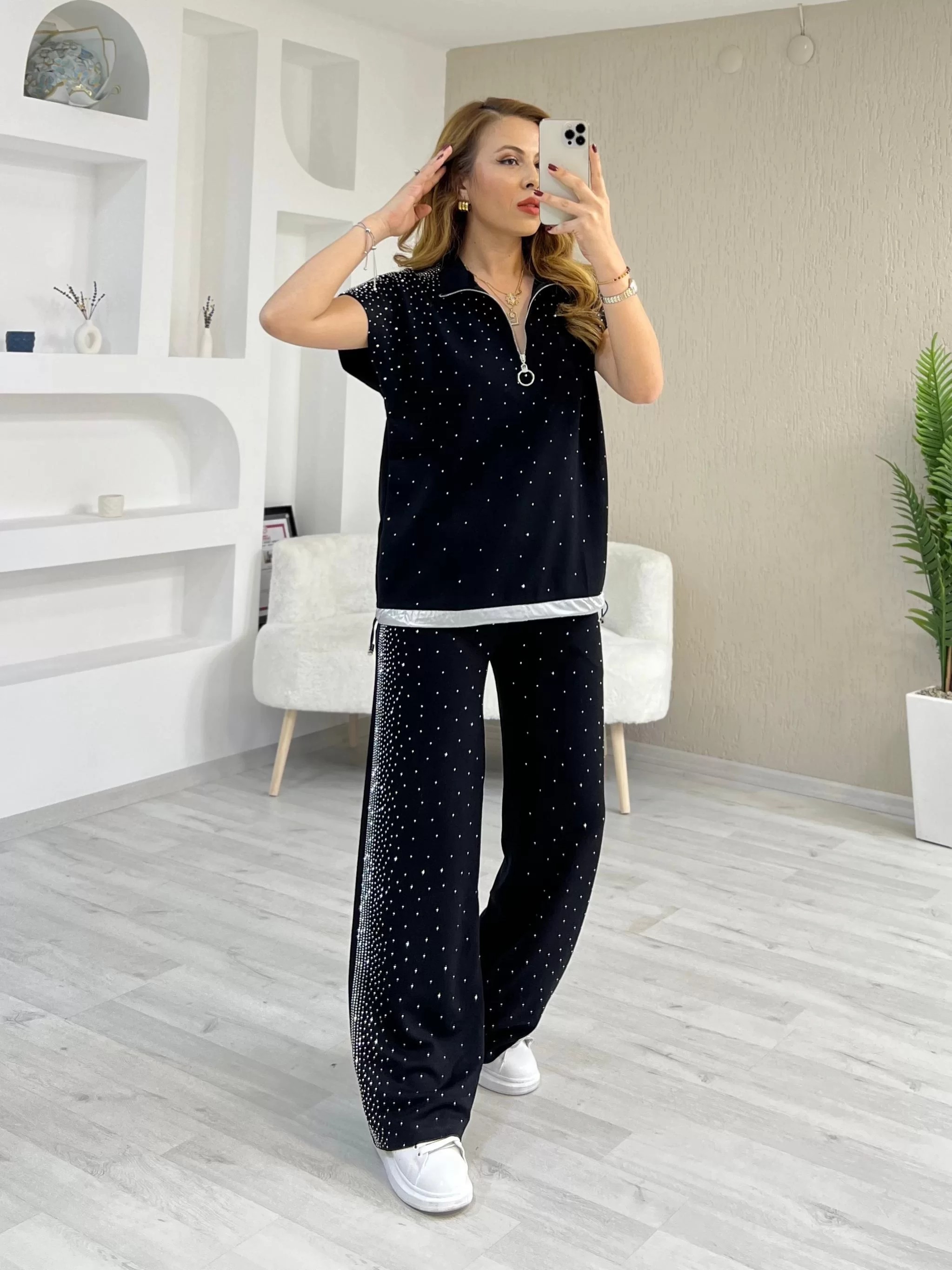 Modal Taşlı Eşofman Takımı Siyah