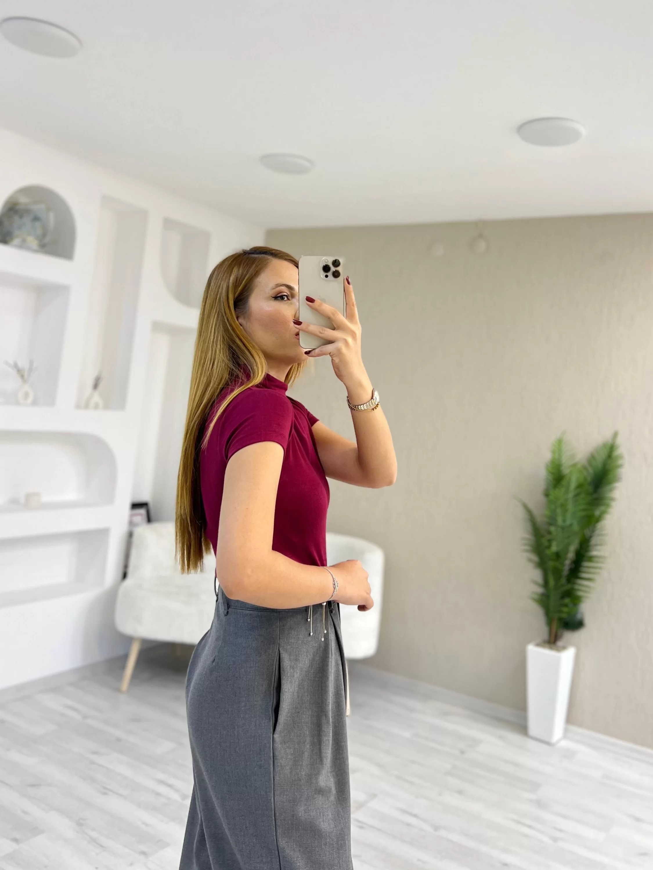 Modal Kumaş Bebe Kol Dik Yaka Tişört Bordo