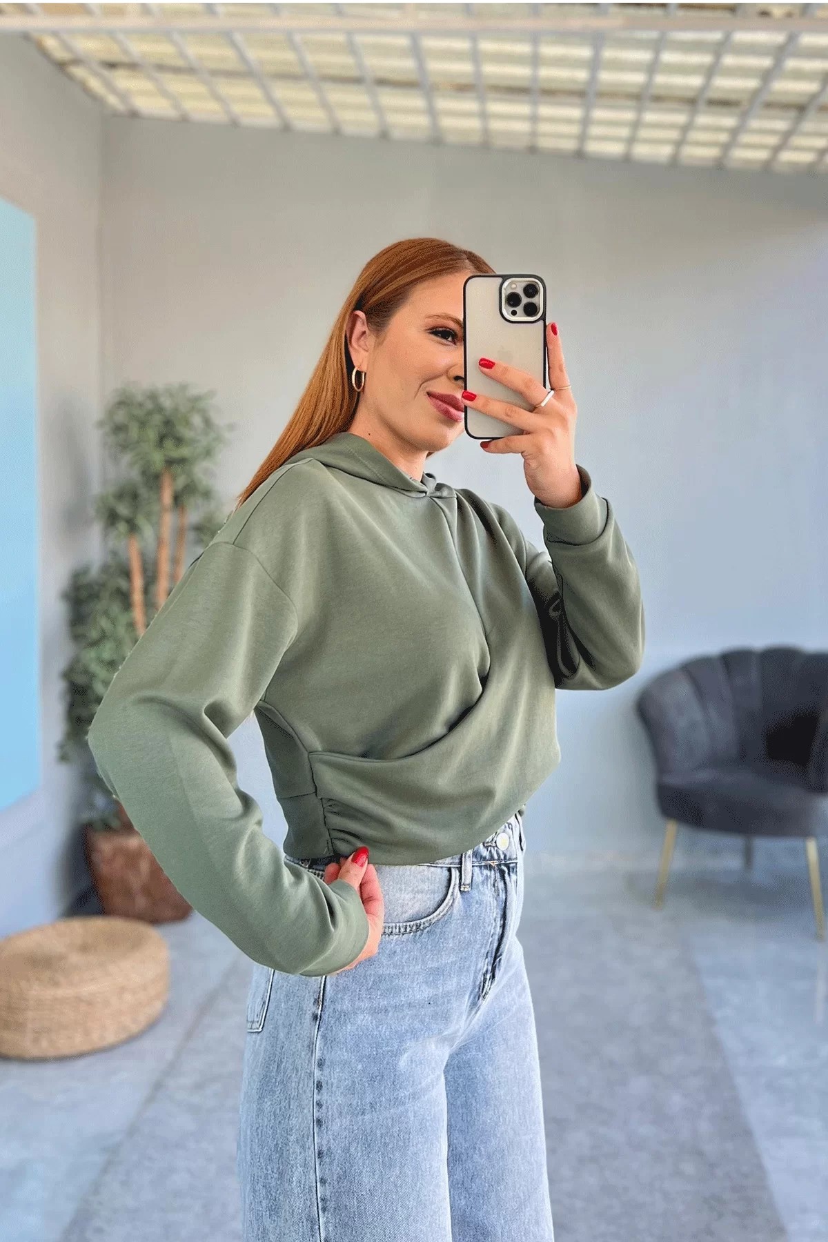 Kapşonlu Crop Yeşil Sweatshirt