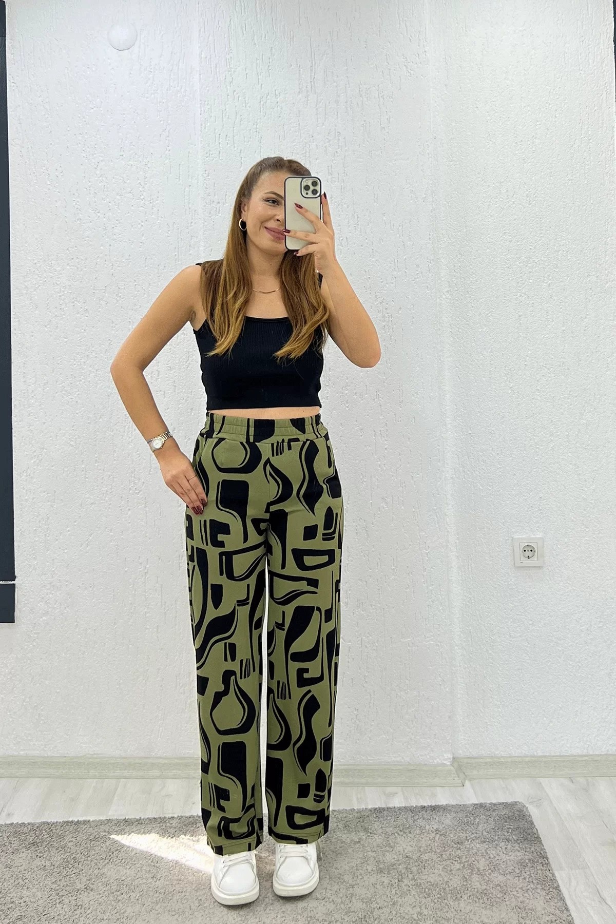 Krep Kumaş Leopar Yeşil Pantolon