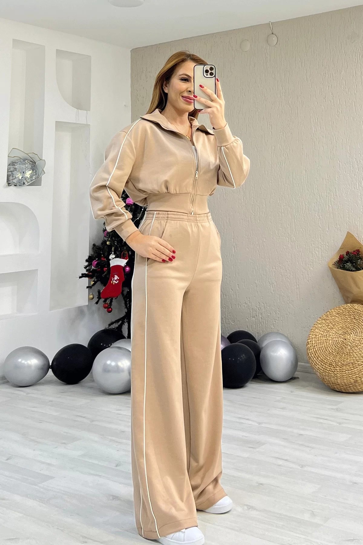Modal Kumaş Şeritli Crop Ekru İkili Takım