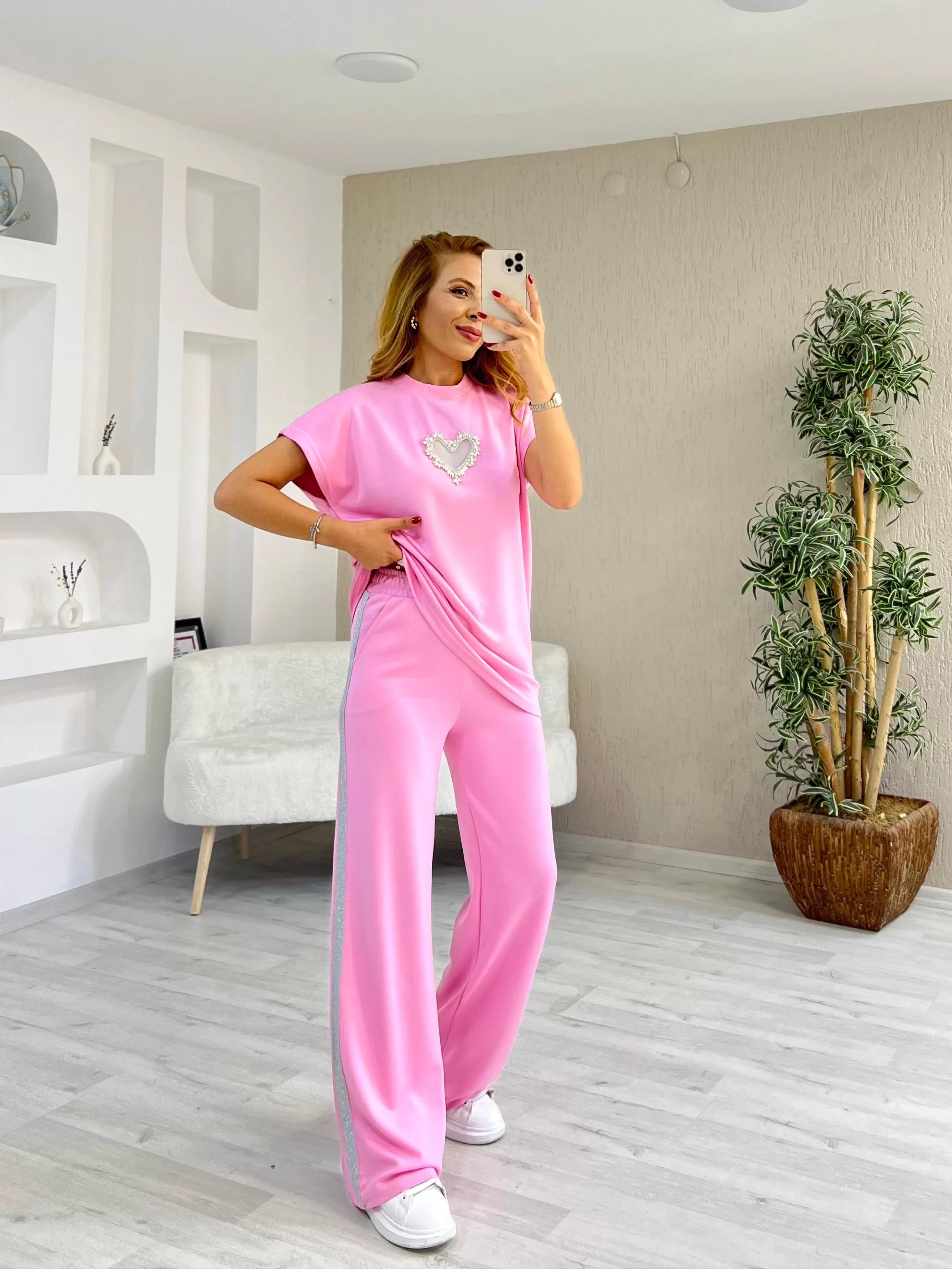 Modal Kumaş Aksesuar Detay Şeritli Takım Pembe