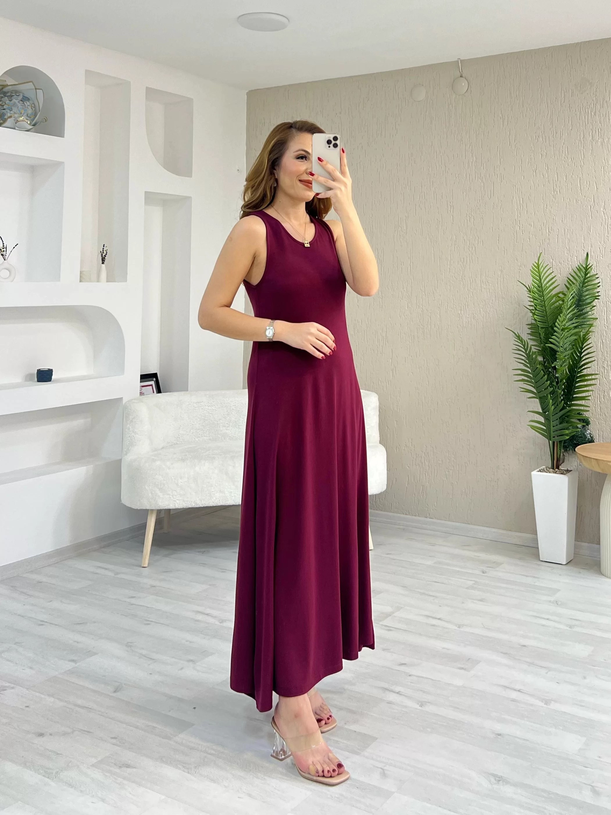 Oysho Kumaş Arka Düğmeli Elbise Bordo