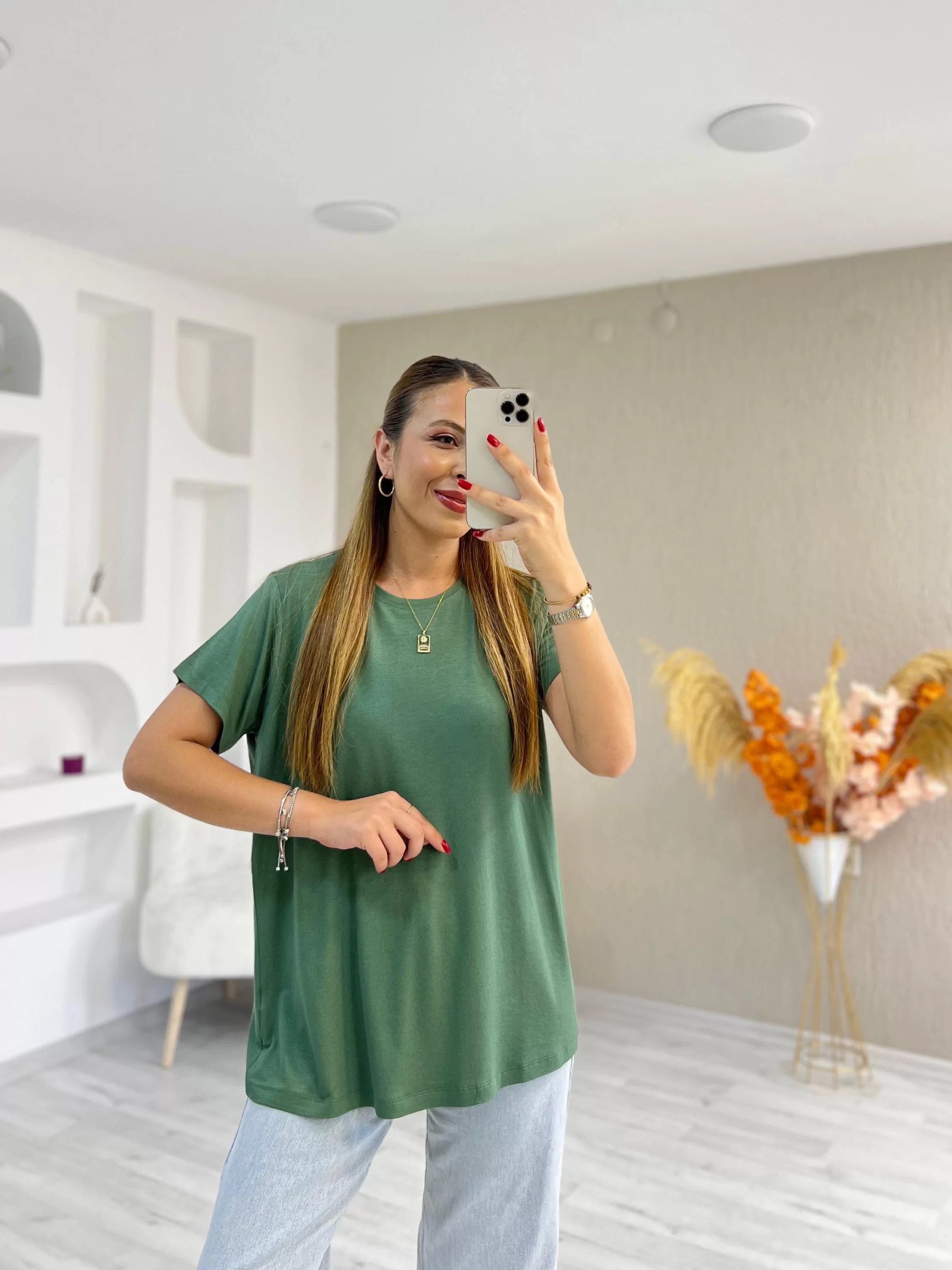 Bisiklet Yaka Viskon Kumaş Basic Tshirt Yeşil