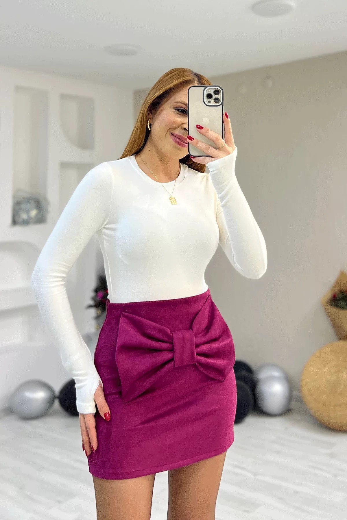 Kurdele Detay Süet Pembe Etek