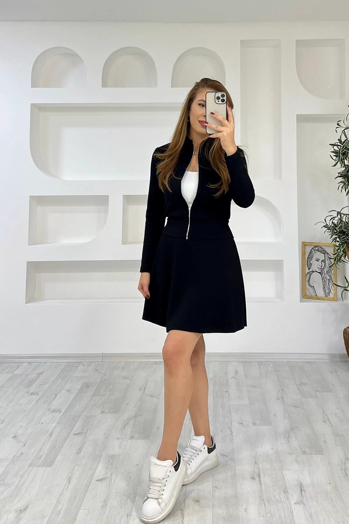Fermuarlı Etek Ceket Siyah Takım