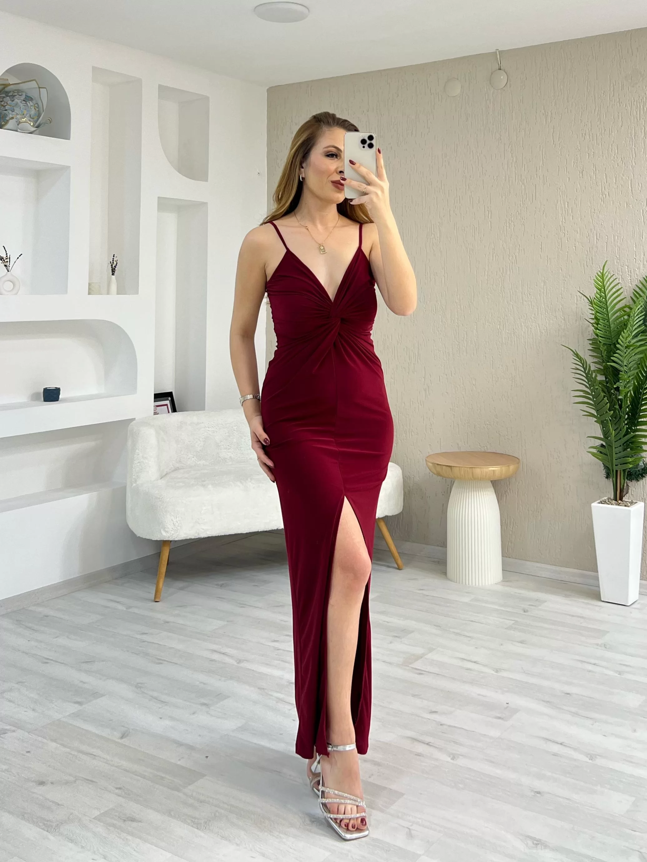 İp Askılı Düğümlü Yırtmaç Detay Elbise Bordo