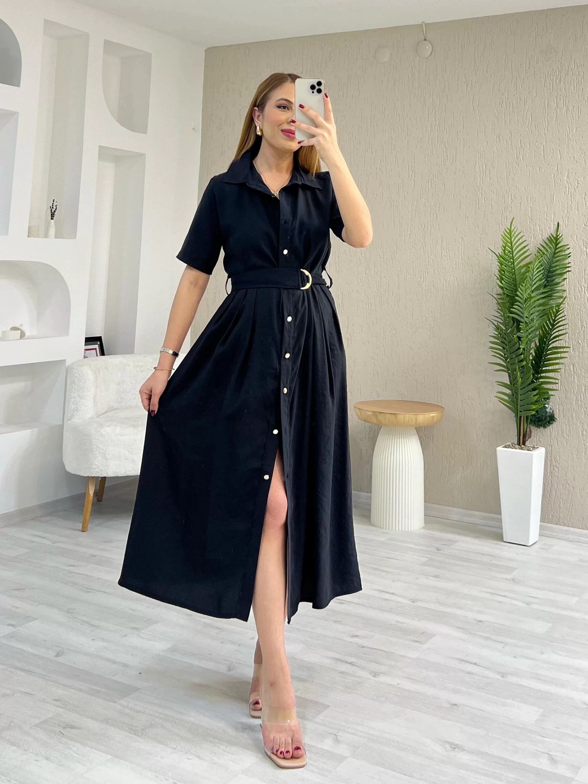 Tensel Kumaş Kemerli Elbise