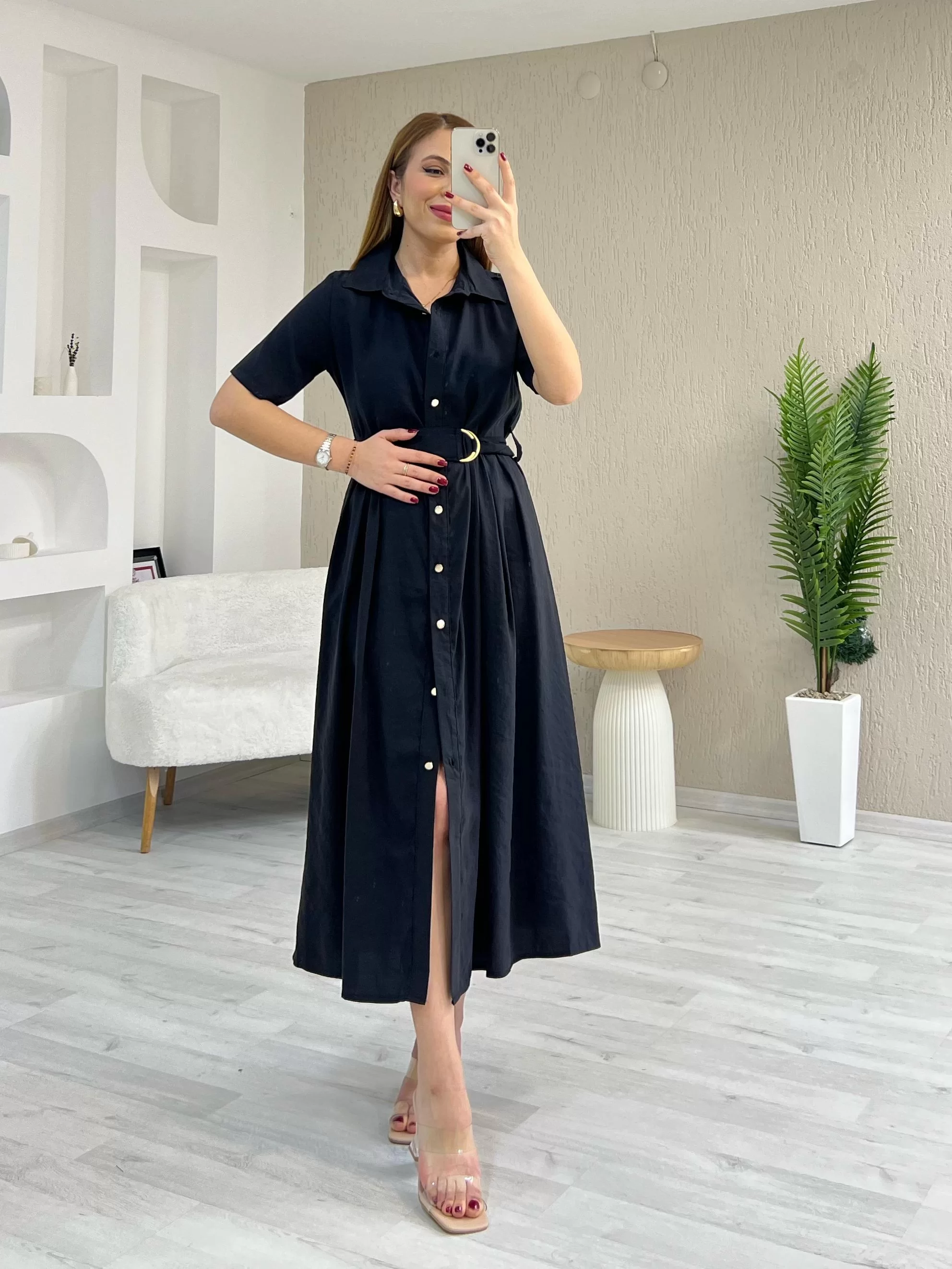 Tensel Kumaş Kemerli Elbise