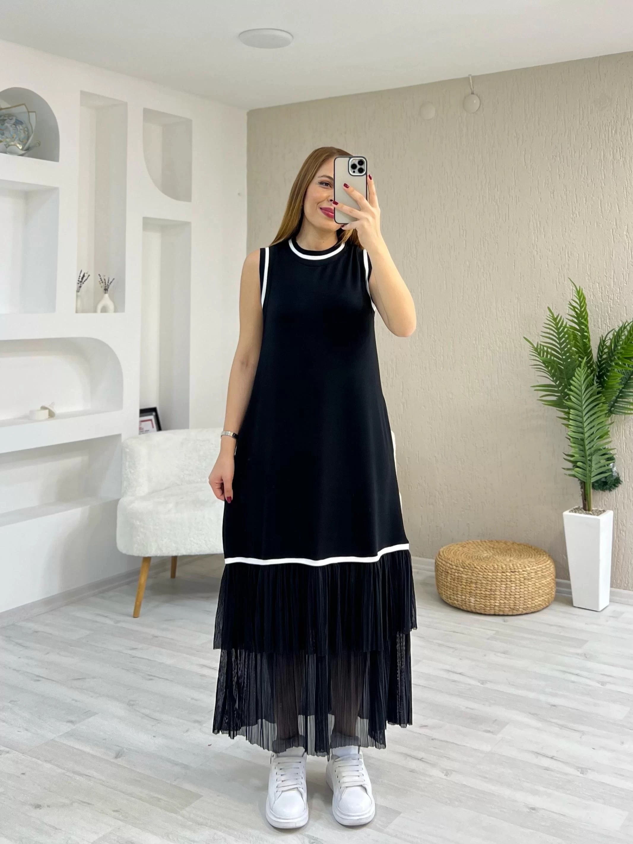 Ribanalı Piliseli Tül Detay Elbise