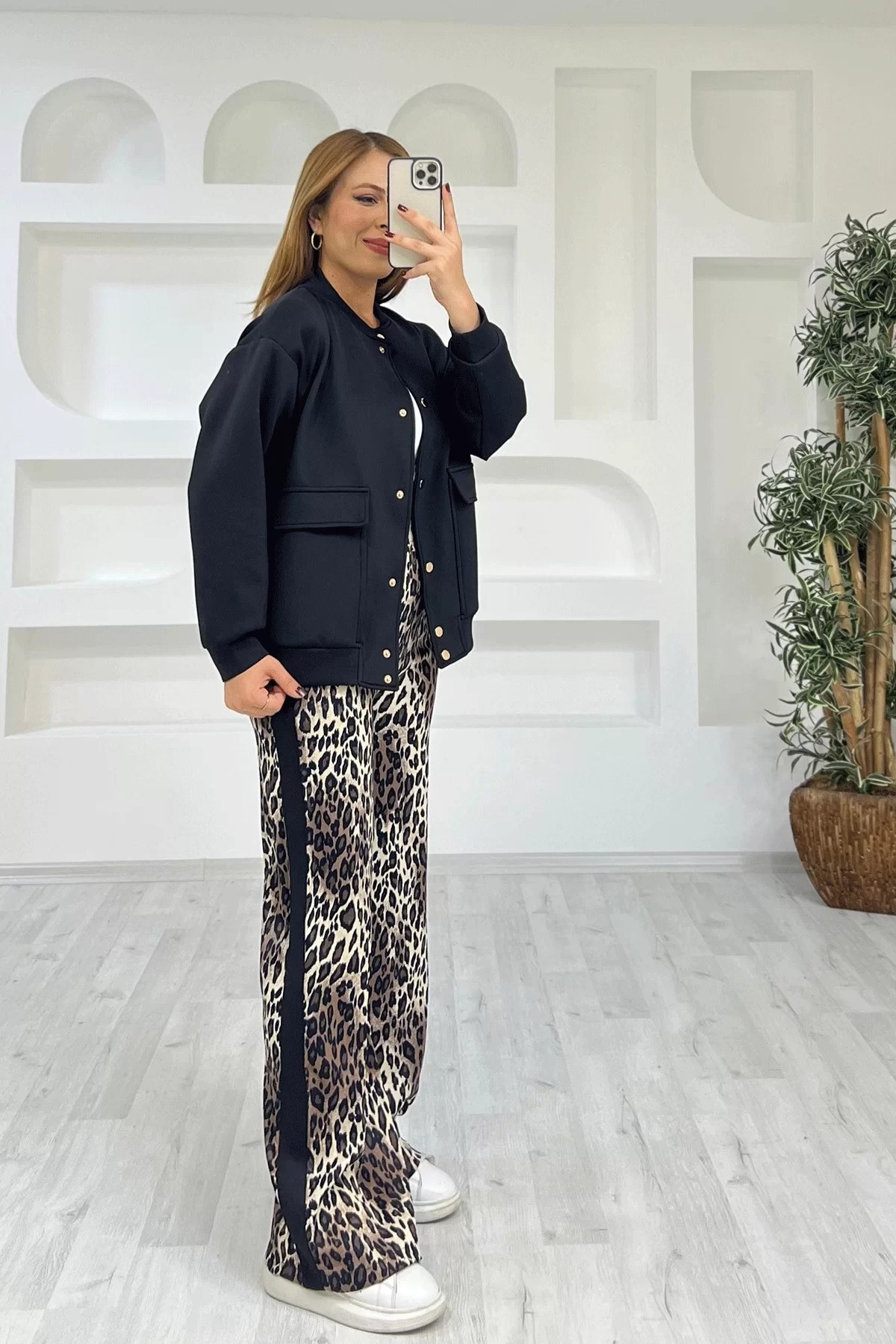 Leopar Desen Bomber Ceketli Siyah Takım