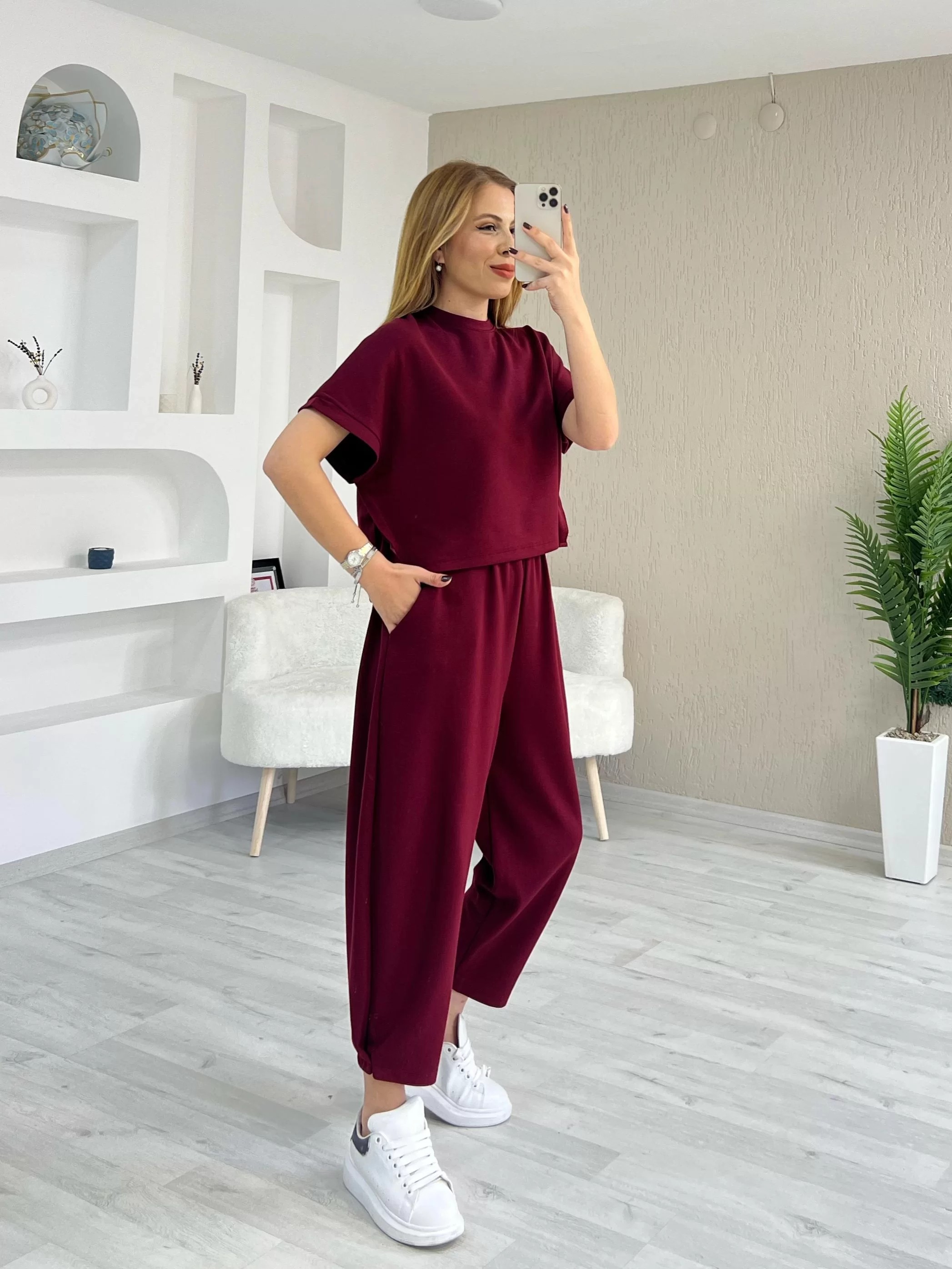 Modal Kumaş Şalvar Takım Bordo