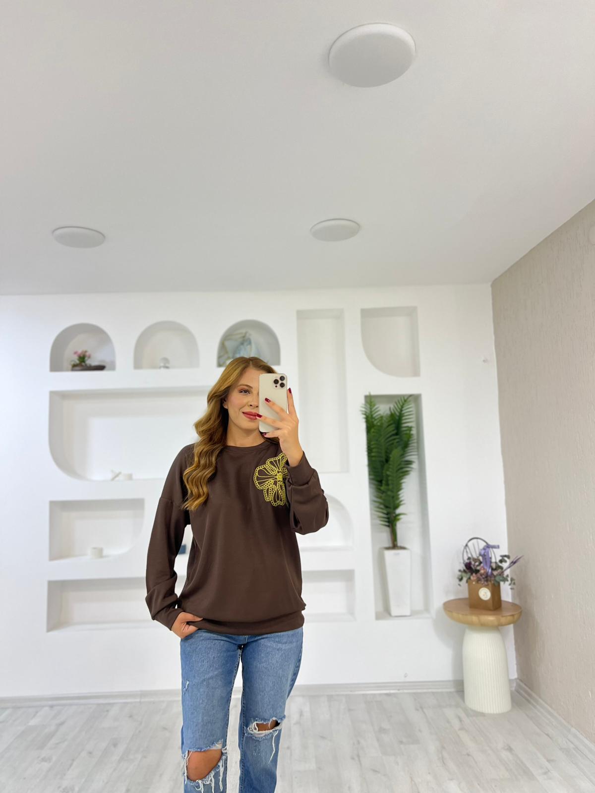 Süzene Çiçek Nakışlı Sewat - Kahverengi