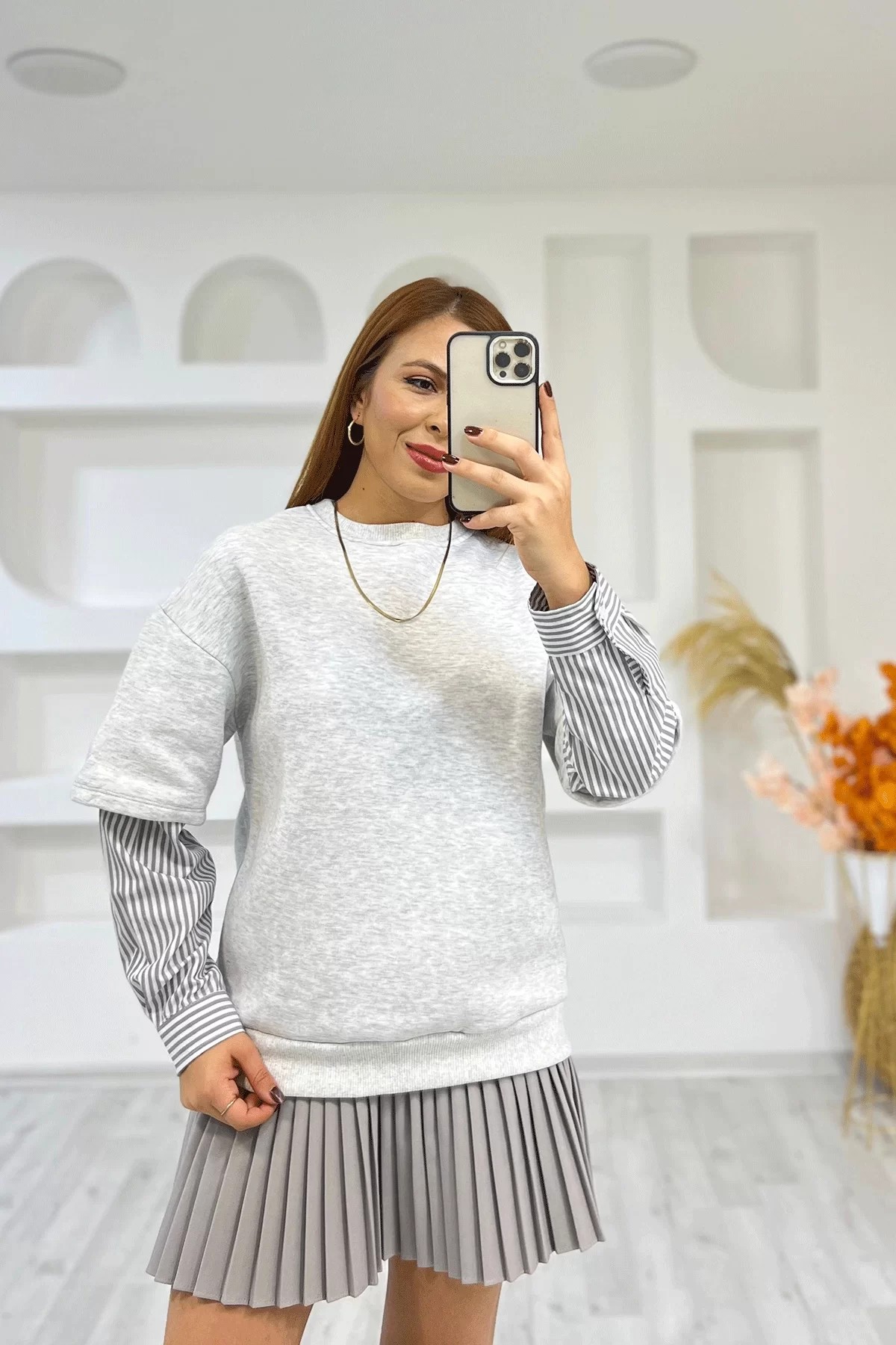 Orijinal Marka Gömlek Kol Gri Sweatshirt