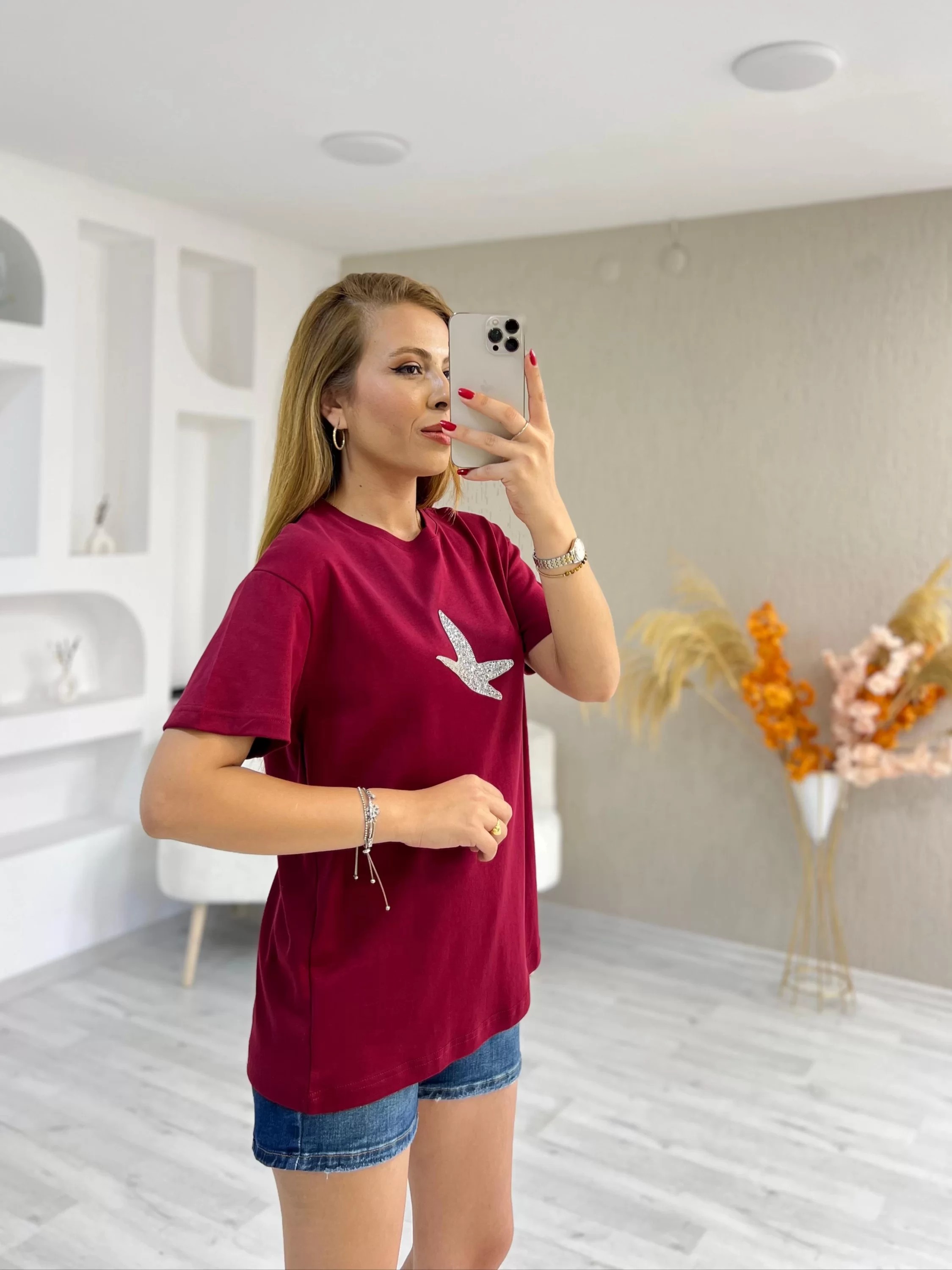 Orjinal Marka Beymen Taş Baskılı Tshirt Bordo
