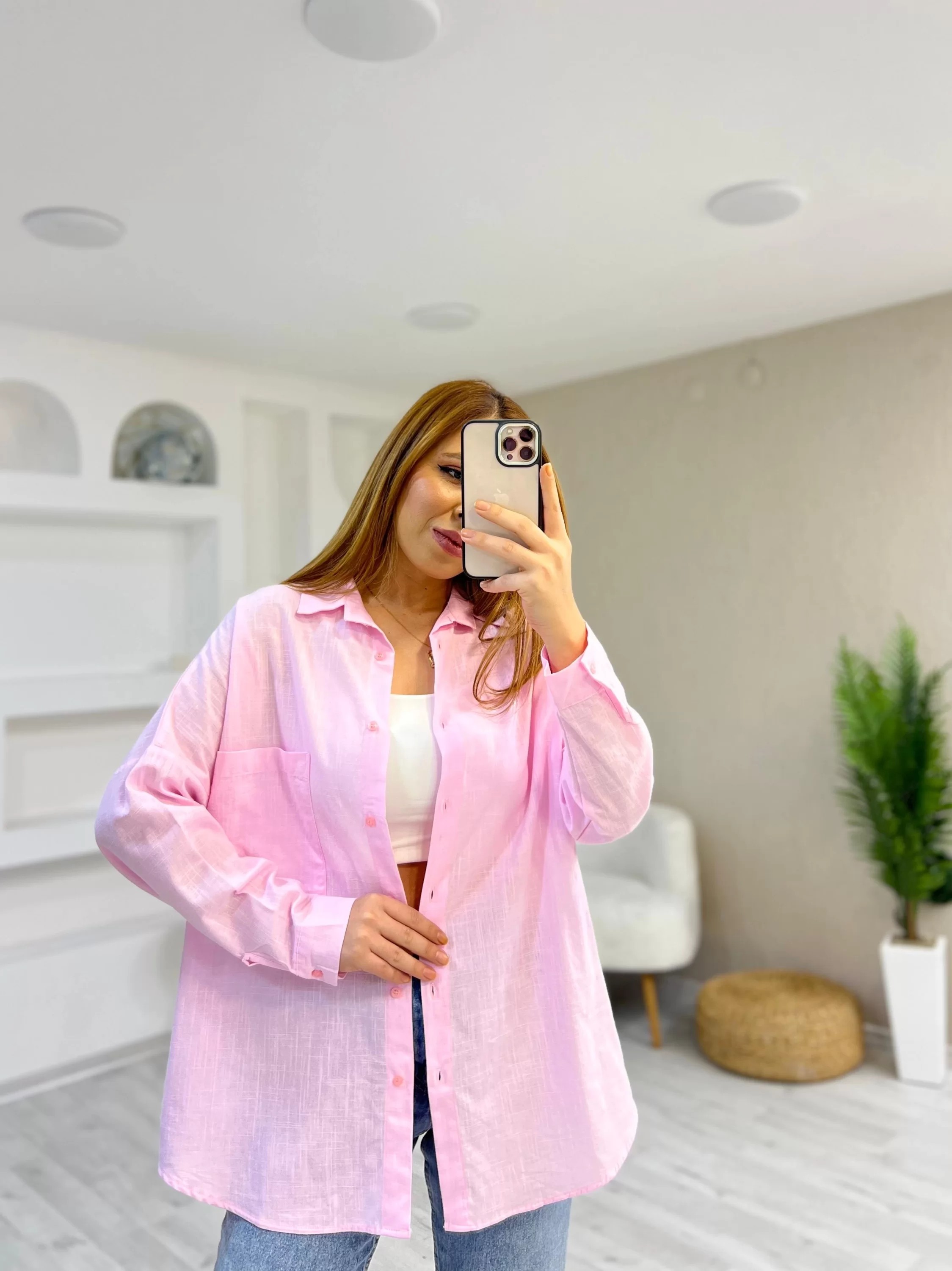 Tek Cep Keten Gömlek Toz Pembe