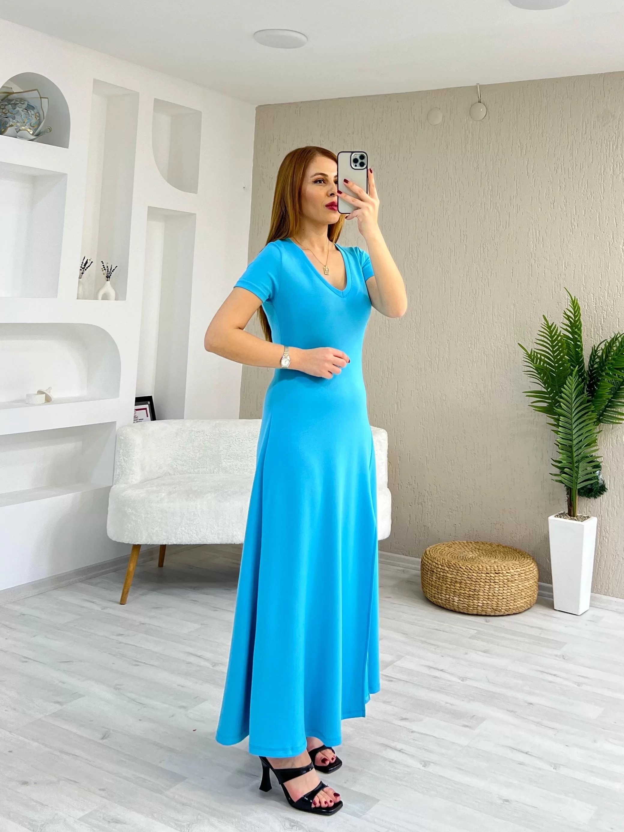 Modal Tek Yırtmaçlı Maxi Boy Elbise Açık Mavi