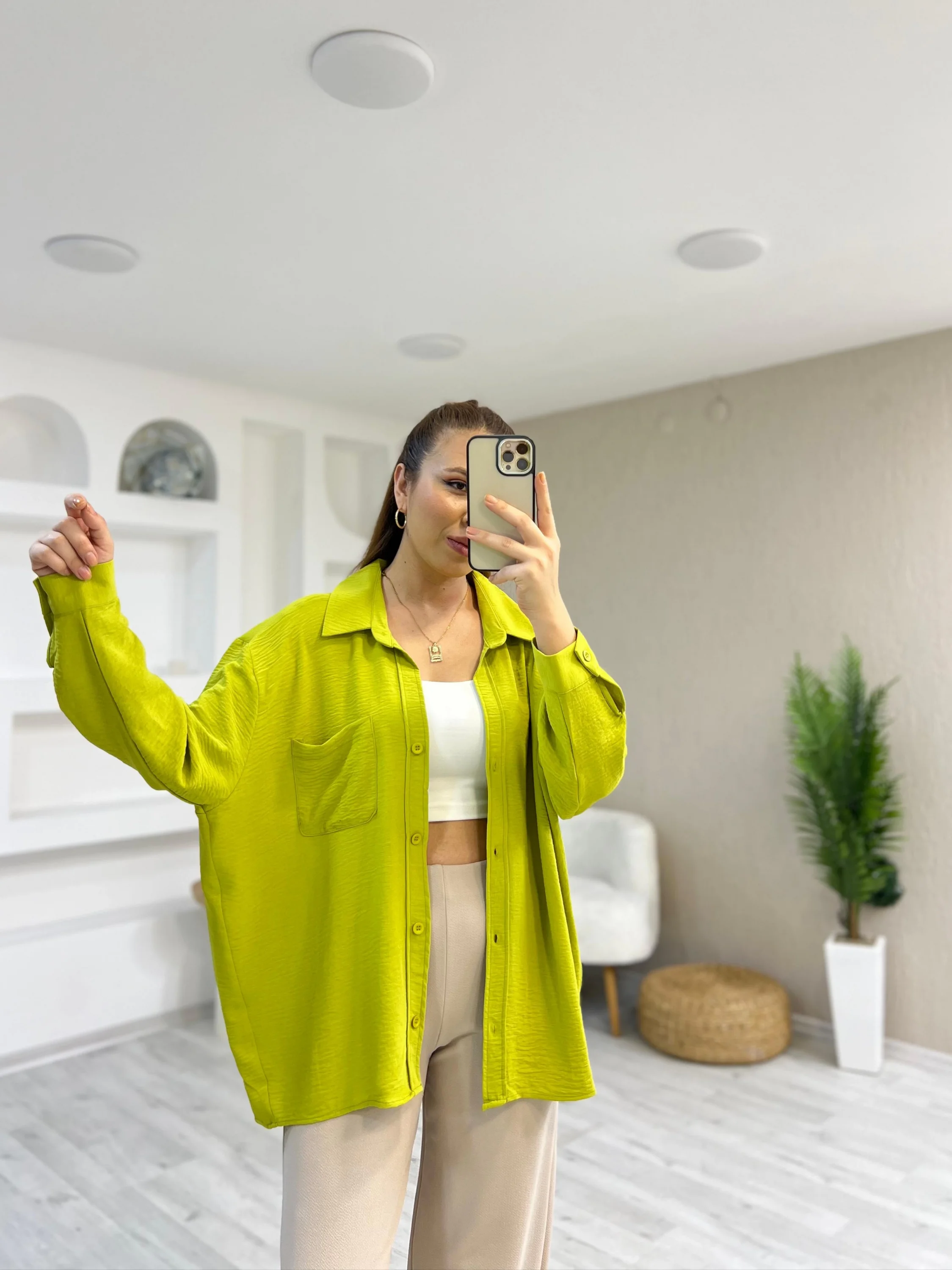 Ayrobin Kumaş Tek Cep Oversize Gömlek Olive