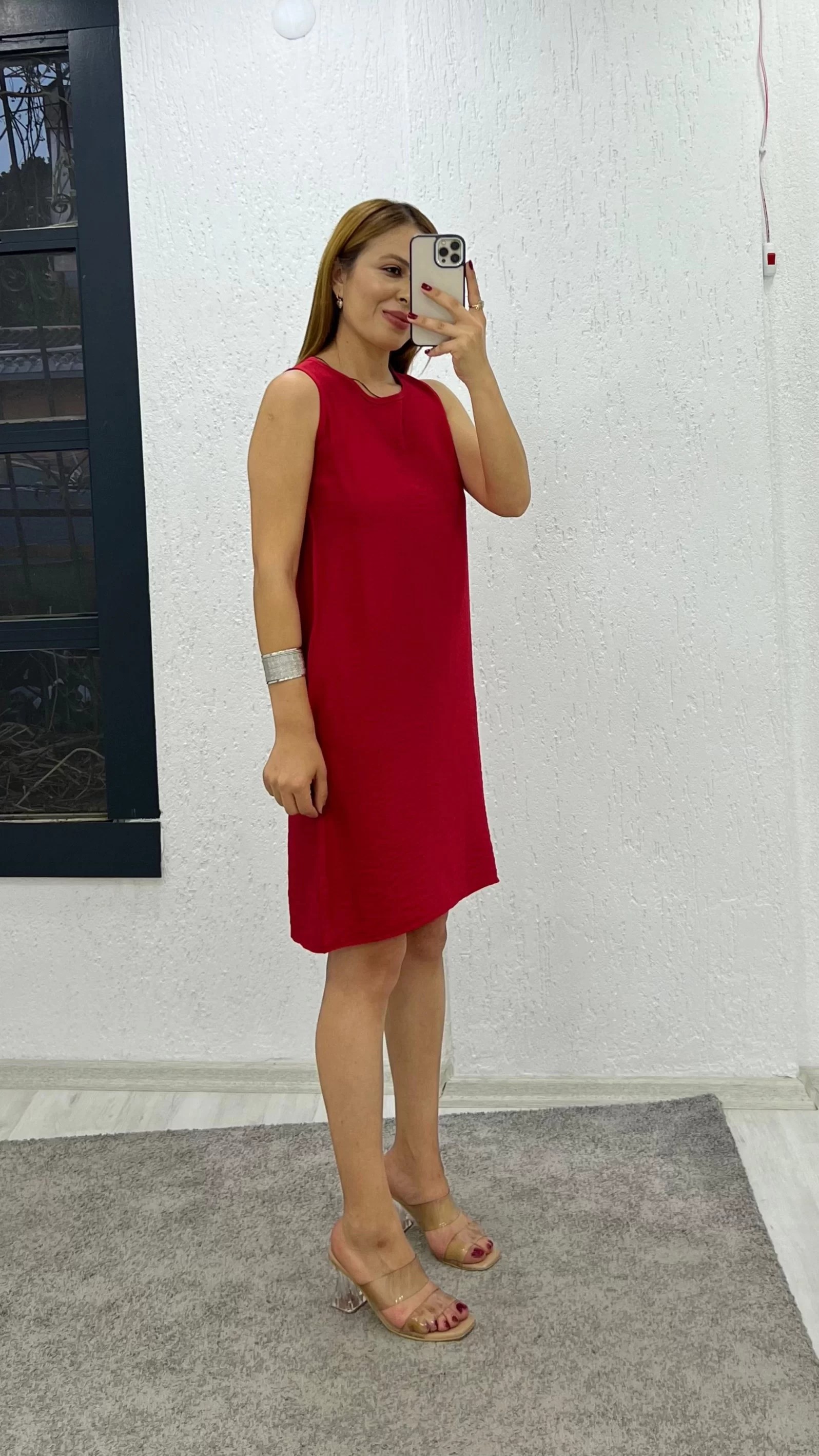 Ayrobin Keten Kumaş Cepli Bisiklet Yaka Elbise Kırmızı