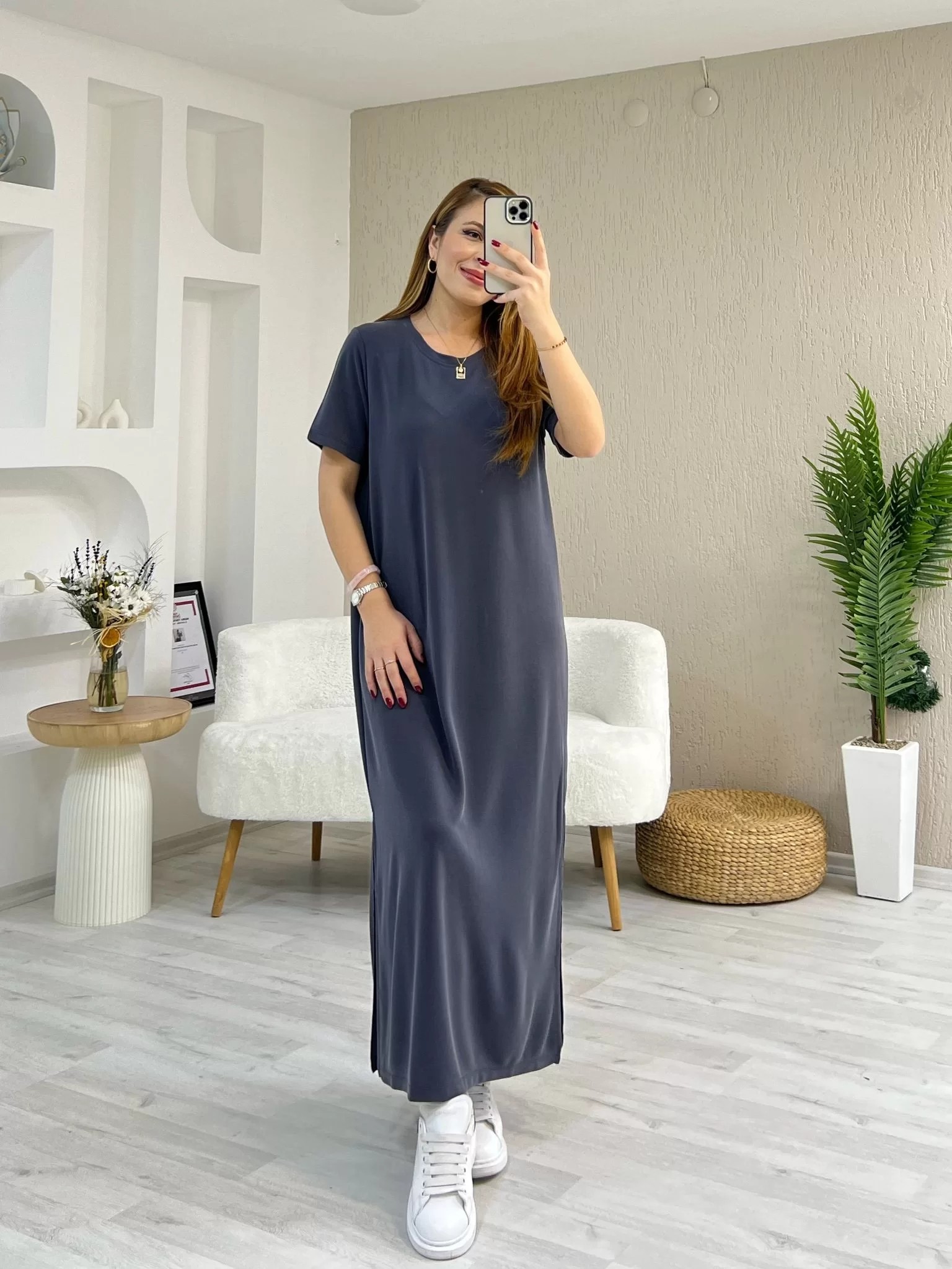 Oysho Kumaş Sıfır Yaka Yırtmaçlı Elbise Gri