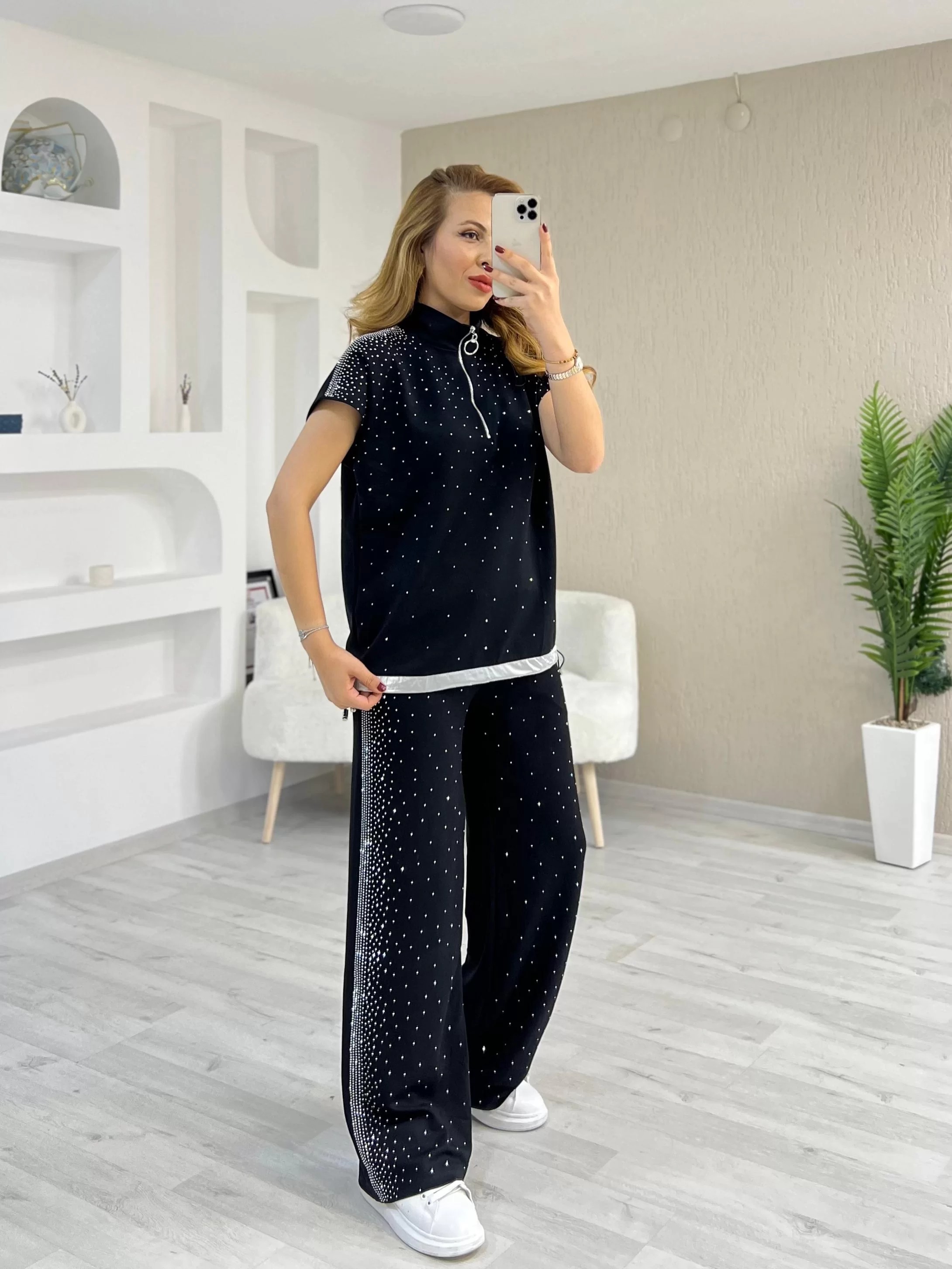 Modal Taşlı Eşofman Takımı Siyah