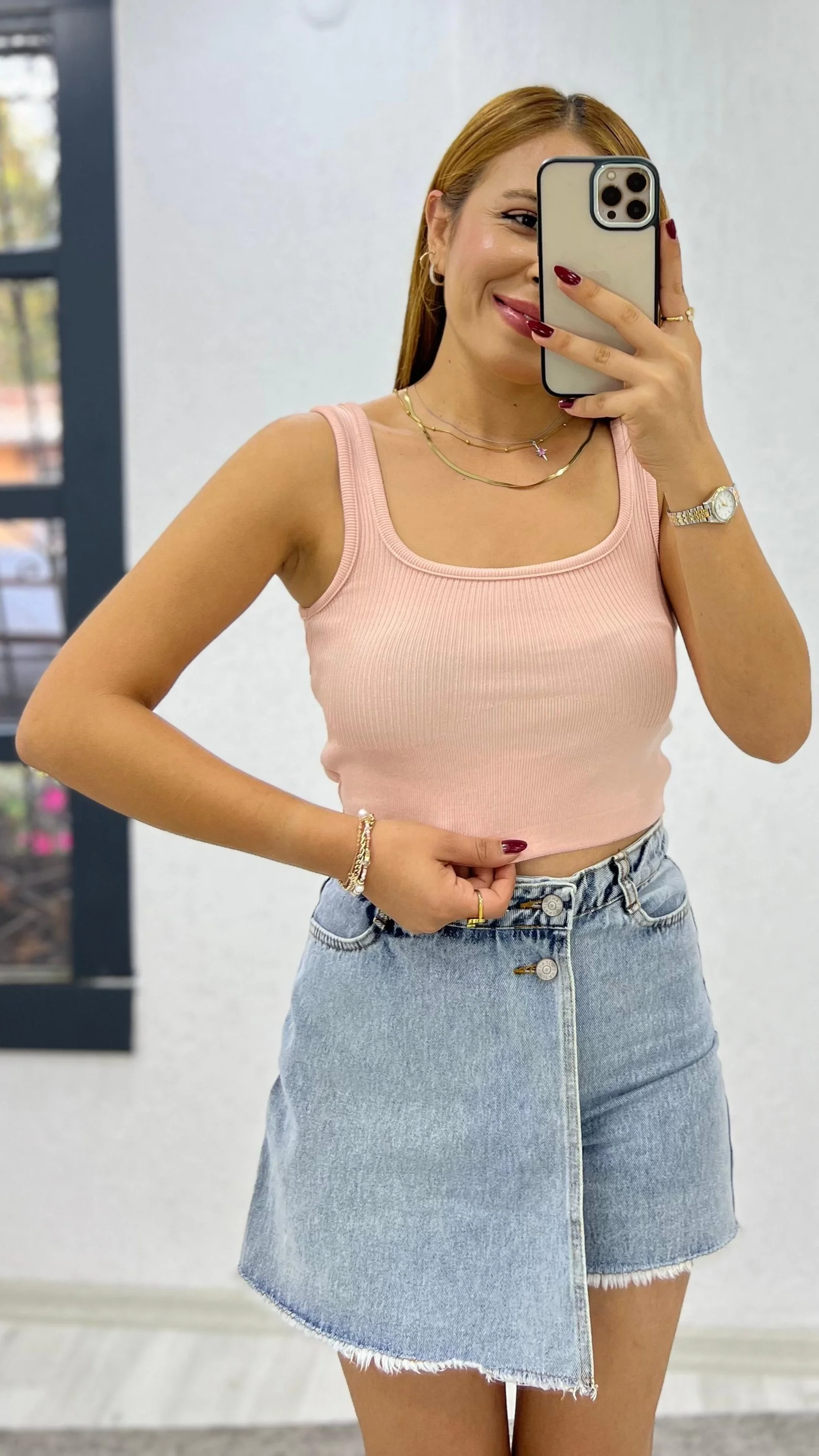 Kalın Askılı Crop Atlet Pudra