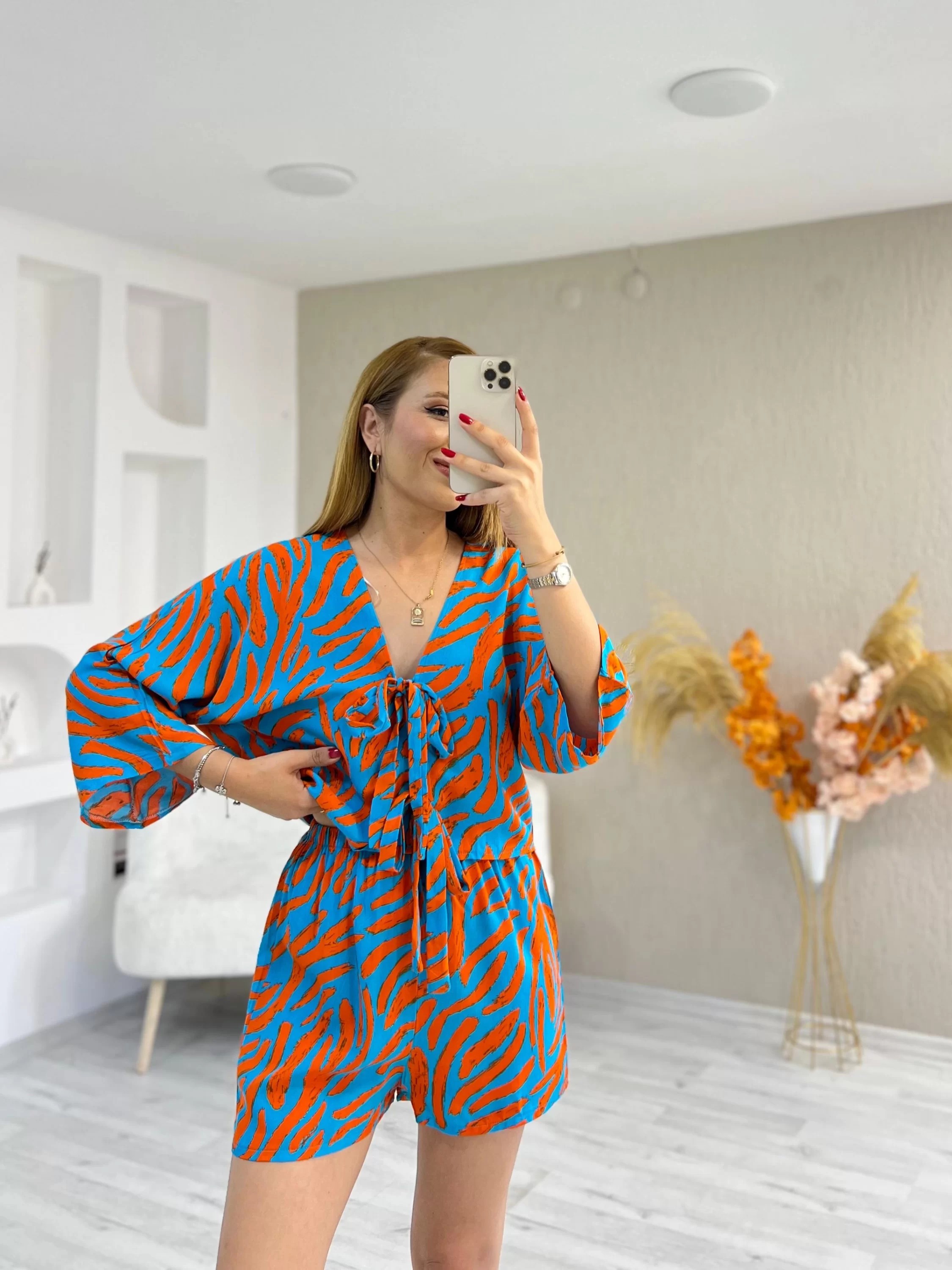 Desenli Kimono Şortlu Takım Turuncu