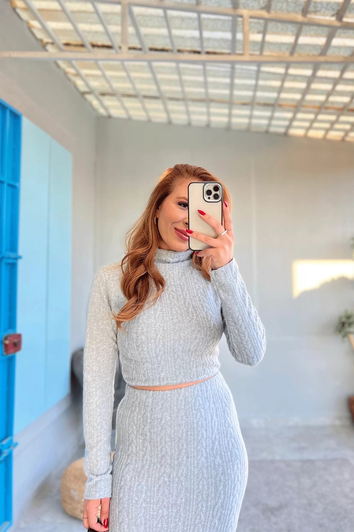 Balıkçı Yaka Etekli Gri Takım